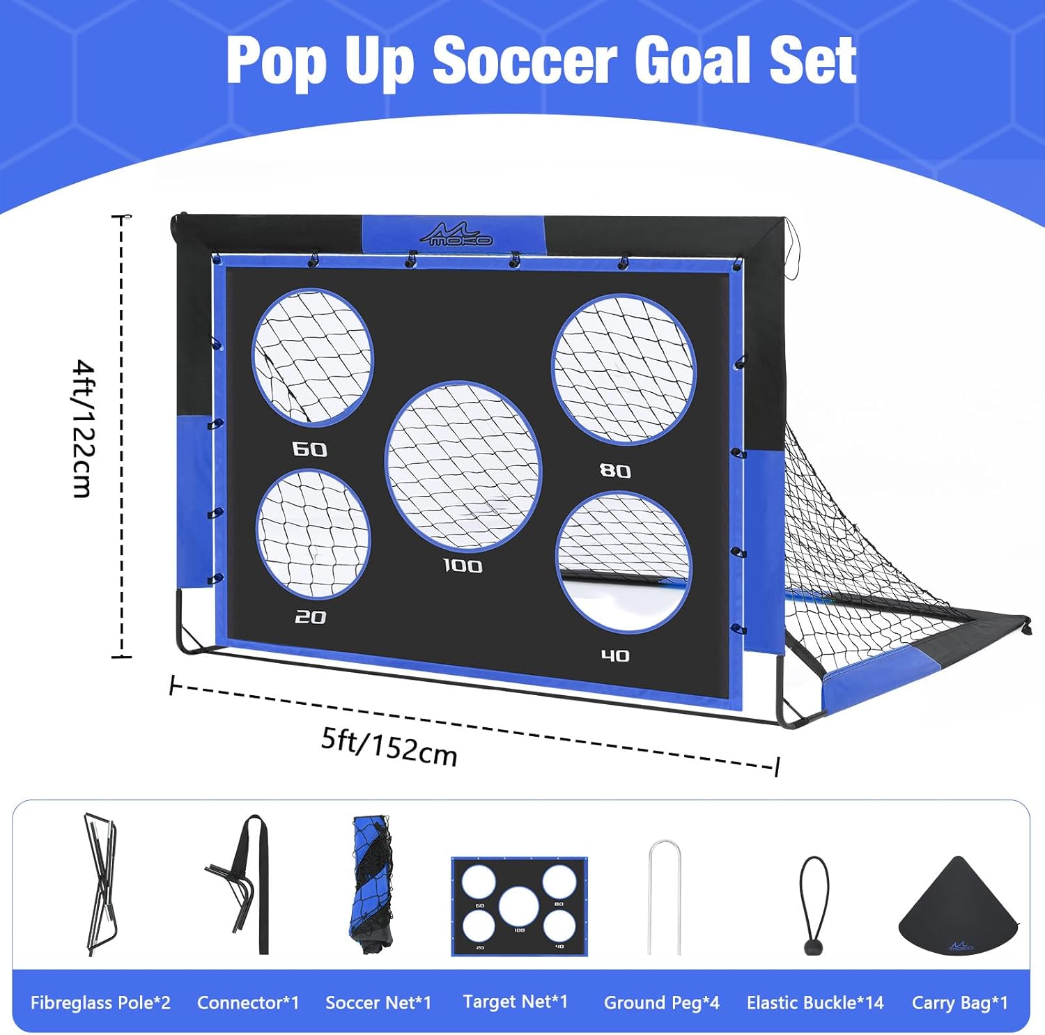 MoKo Soccer Goals for Backyard, 5×4 FT Large Size Pop Up Goal Net with Target Panel, Portable Soccer Training Equipment for Kids Practice, Outdoor Sports Game, Black+Blue