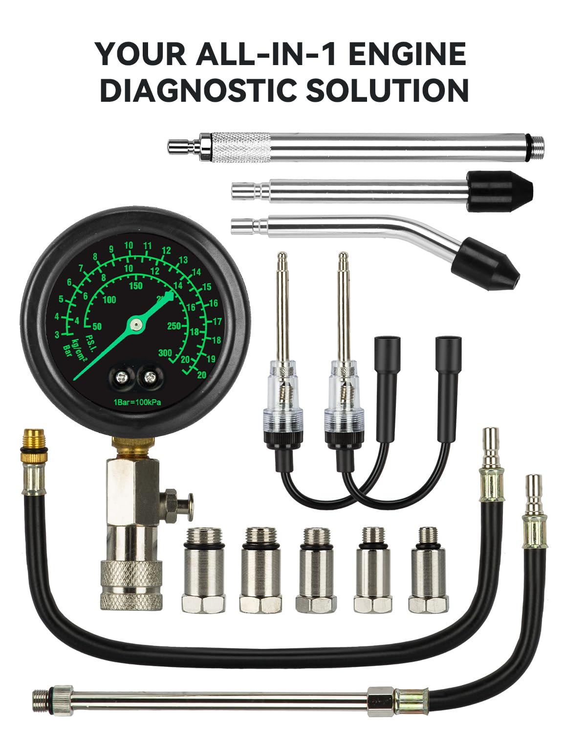 AUTOWN Professional Compression Tester Kit with Fluorescent Gauge – 300 PSI Triple-Scale, 2 Spark Plug Testers, 13-Piece Set for Car, Truck, ATV & Small Gas Engines