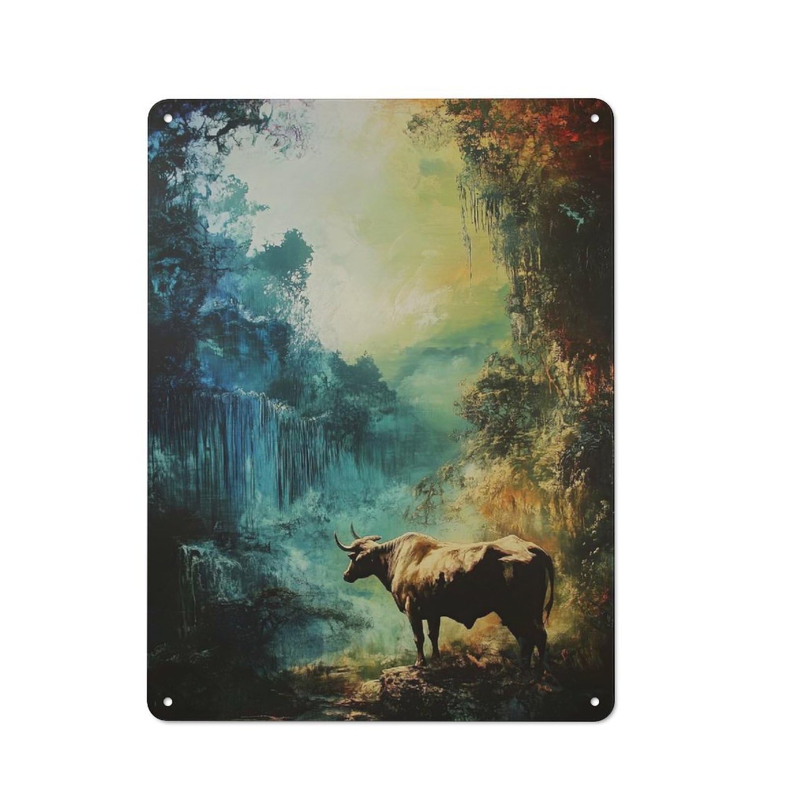 Junmoney Style-17 Vintage Metal Sign 40X30cm Featuring Bull In A Mystical Forest For Pub Or Café, Wall Decor For People Reorganising Pub And Café