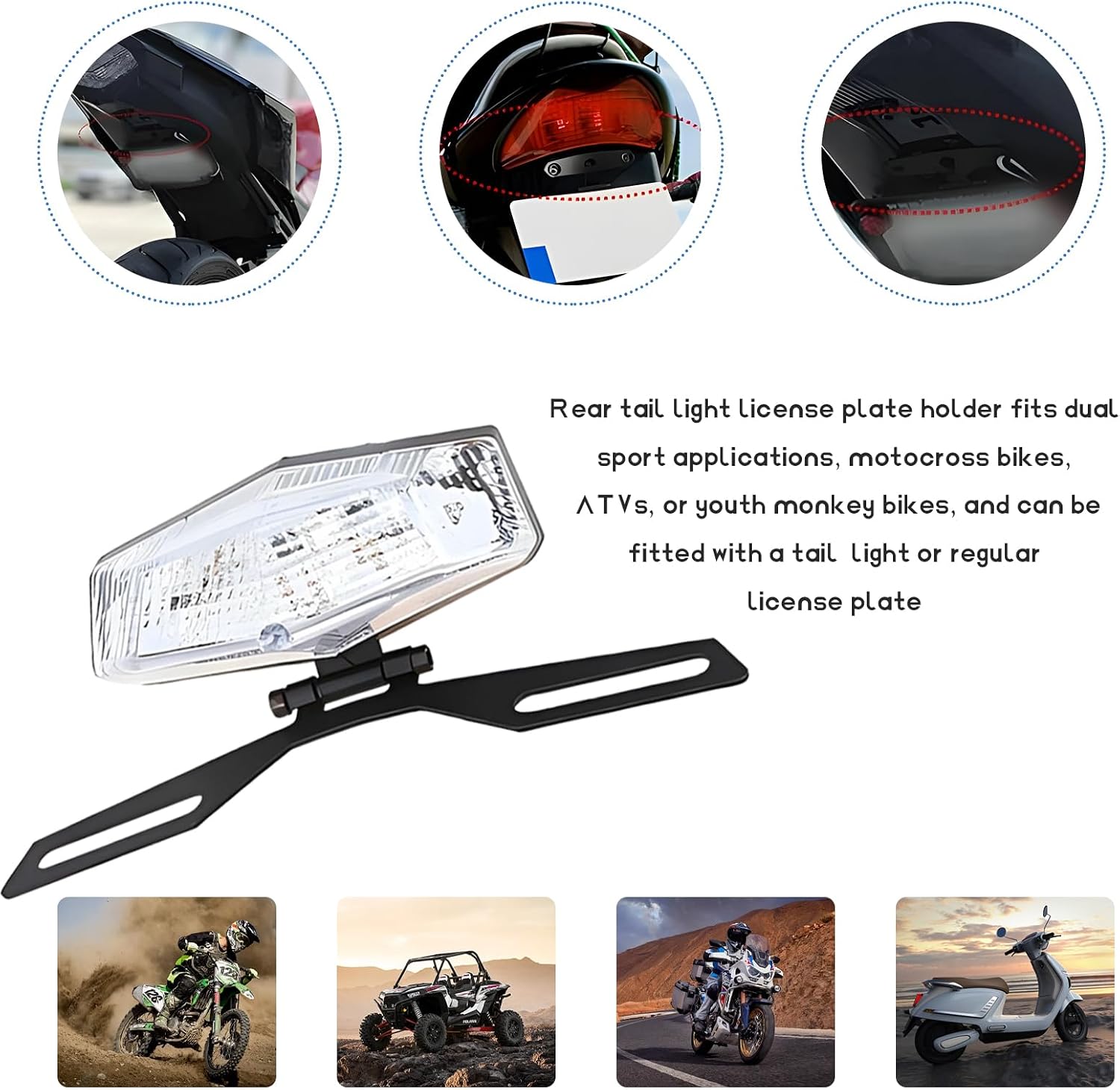 Motorcycle License Plate Bracket, Adjustable License Plate Mount Holder Tail Light Bracket, Universal Folding Rear Light Holder for Motorcycle Bike ATV, Car Accessories