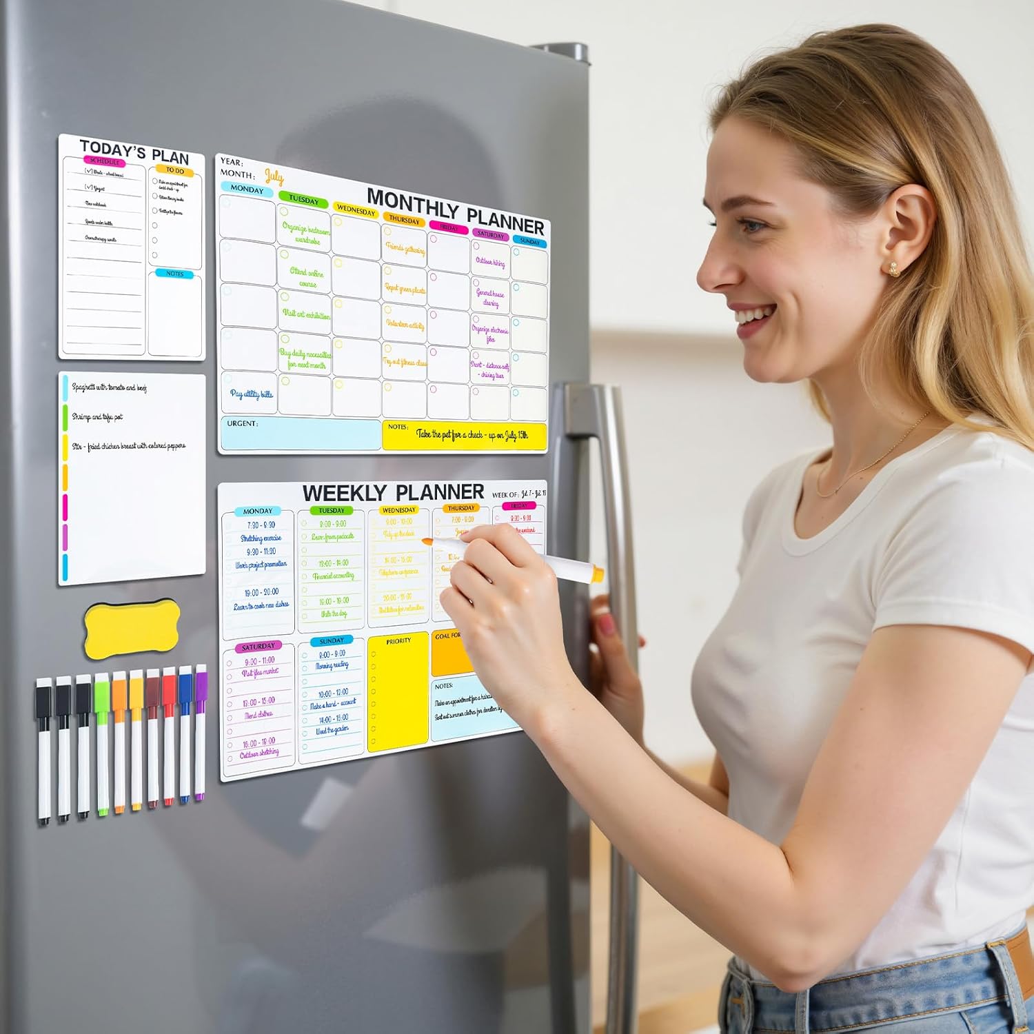 M&G Magnetic Dry Erase Calendar Set for Fridge, 4 Pack Planning Whiteboard with 10 Markers and Eraser, Monthly & Weekly & Daily Chore Chart for Refrigerator Wall Door thumbnail