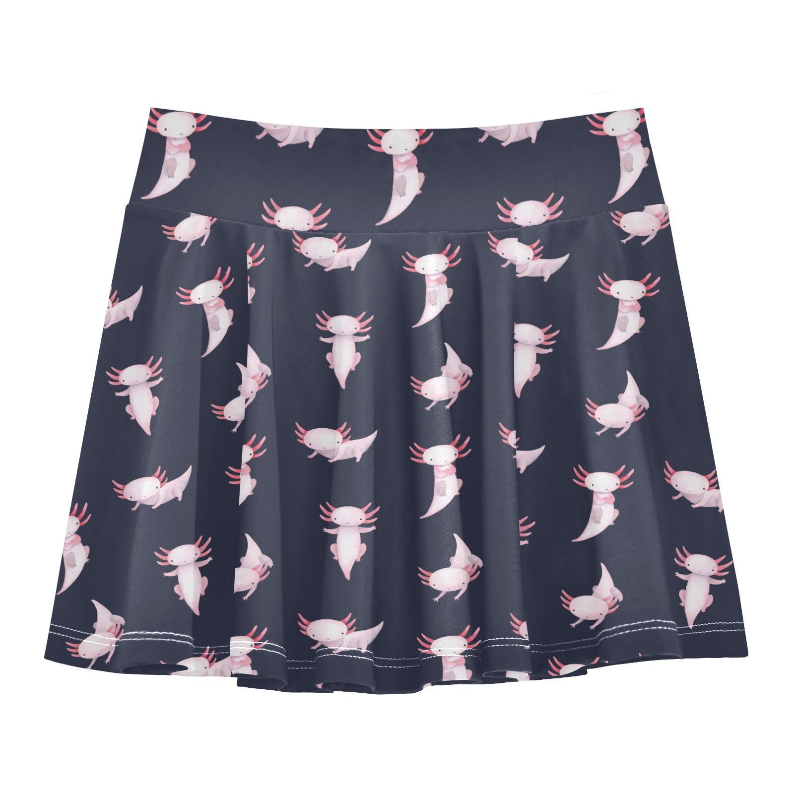 Aflyko Girls Pleated Skater Skirt Cute Pinks Axolotl Fun High Waist Cheerleading Dress Dance Skort with Lining Shorts Weekend Date Outfit Short Bottoms, 9-10Y