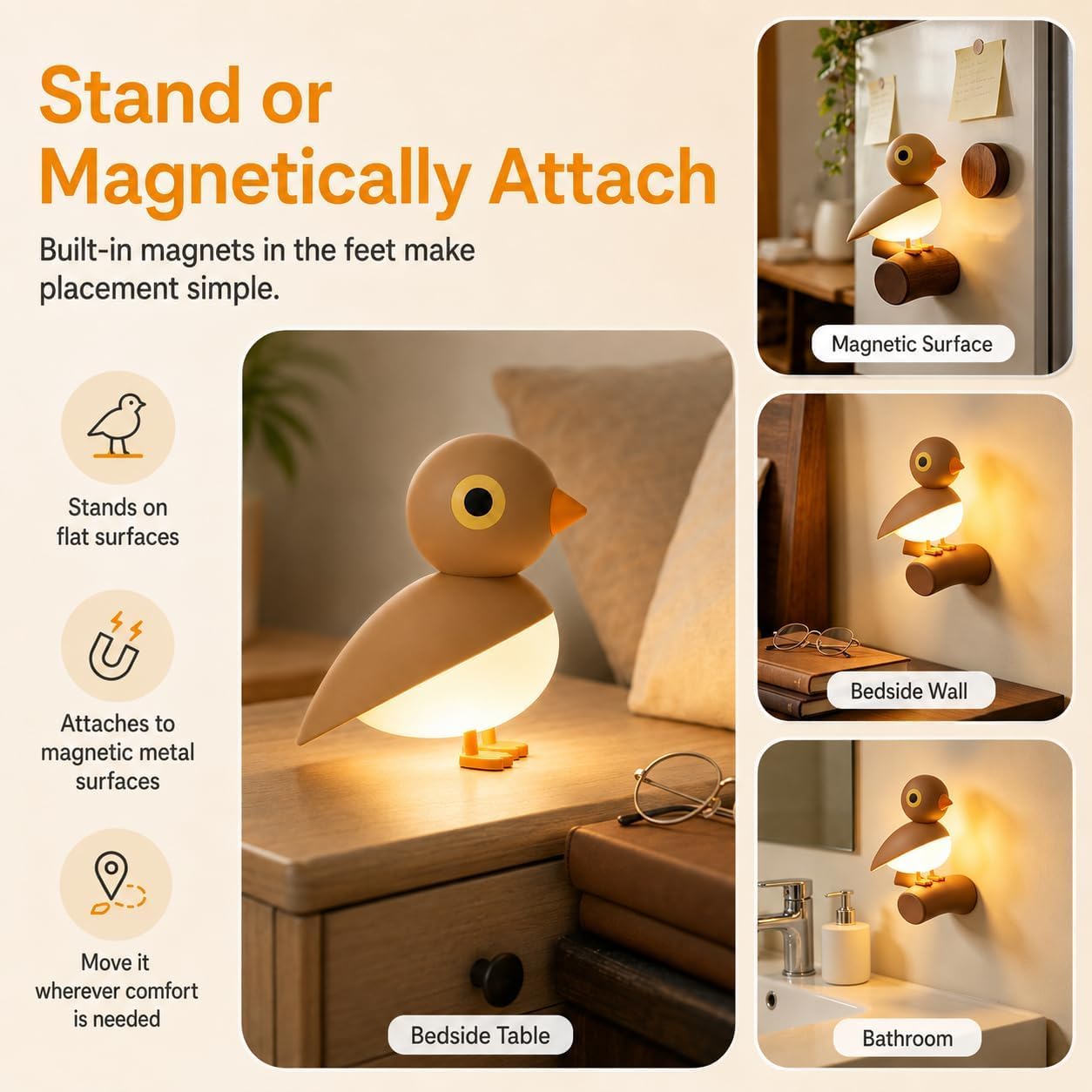 Luce Notturna a LED a Forma di Uccellino con sensore di Movimento, Lampada da Parete a Luce Calda, posatoio Magnetico/Timer, Wireless, Batteria Ricaricabile Tramite USB, Portatile,