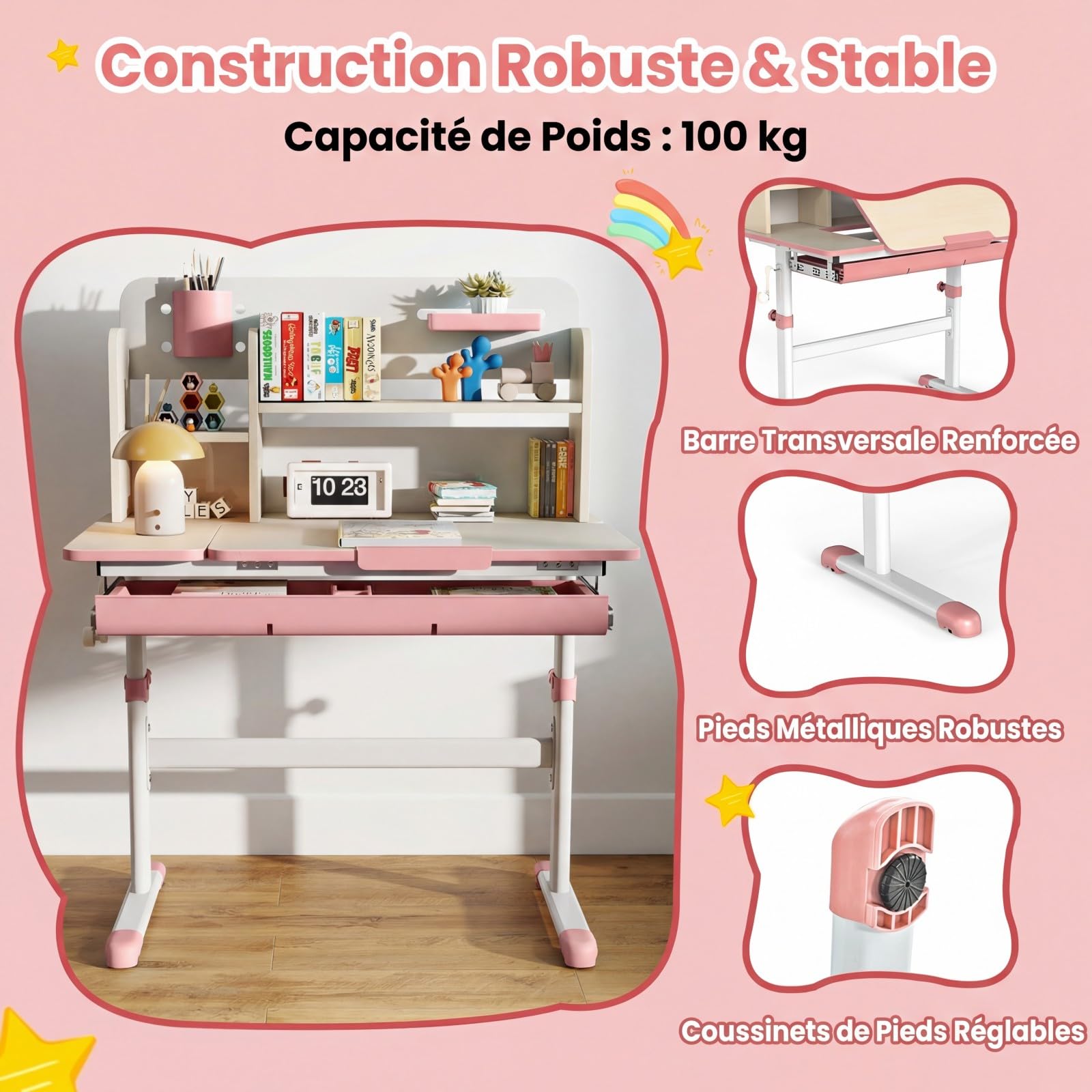 DREAMADE Bureau Enfant 2 Niveau Plateau Inclinable Hauteur Réglable Table d'Étude Ergonomique Bibliothèque Tiroir Charge 100KG Rose