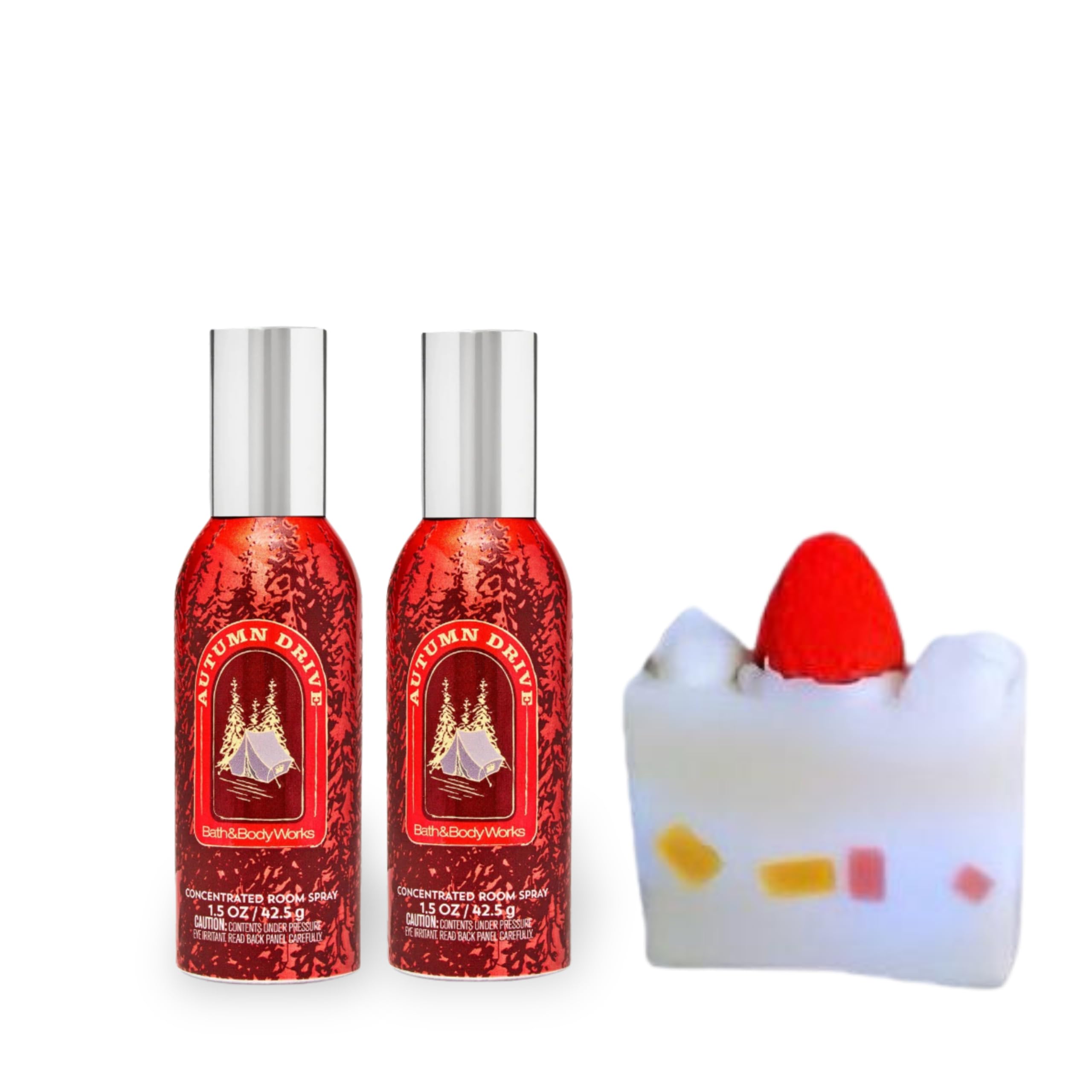 Autumn Drive - White BarnBath&Body - 2 Concentrated Room Spray 1.5 oz / 42.5 g and Strawberry Soap Cake (Label Artwork Varies)