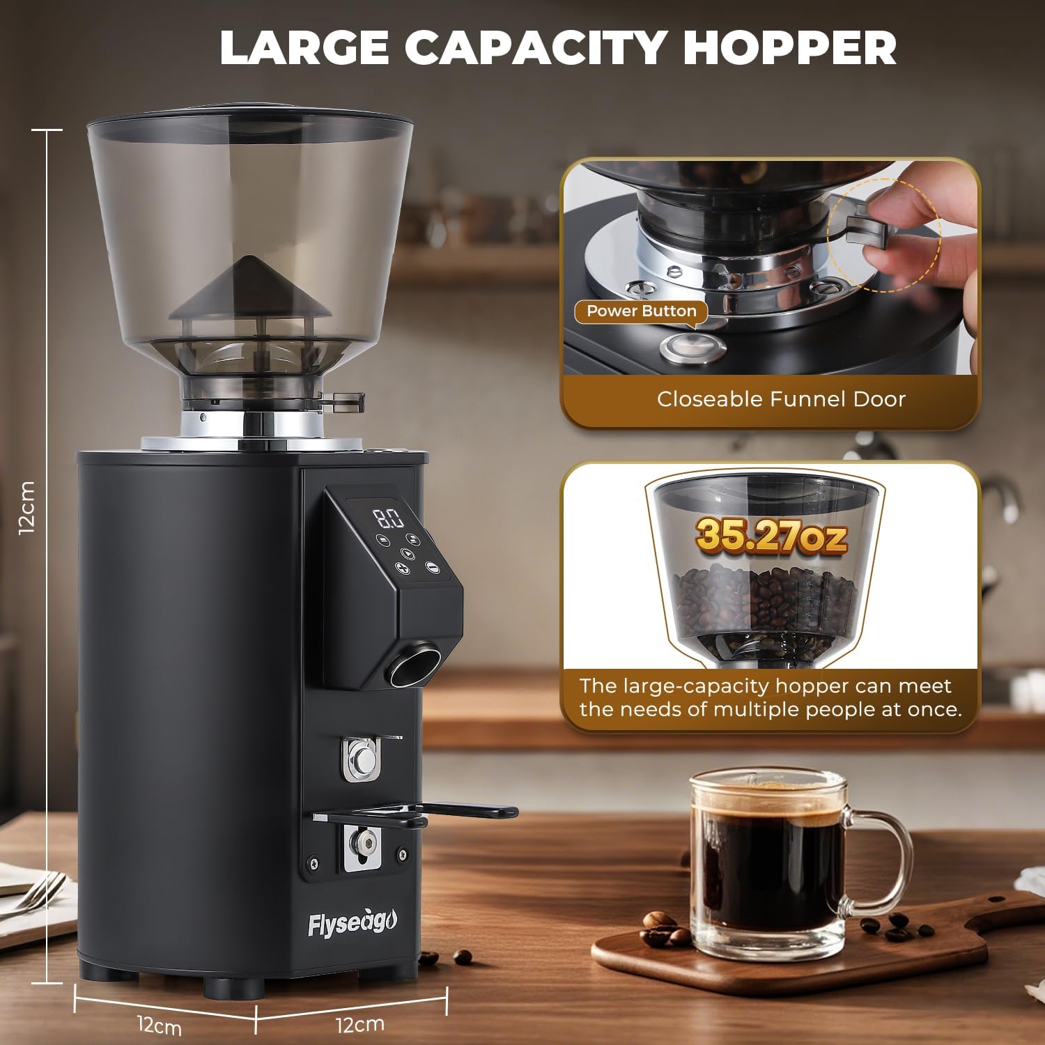 Commercial Coffee Grinder Heavy Duty - 64mm SS Flat Burrs, 8 Precise Settings, Button Control, 35oz Hopper, Business and Home Use, Black 400W