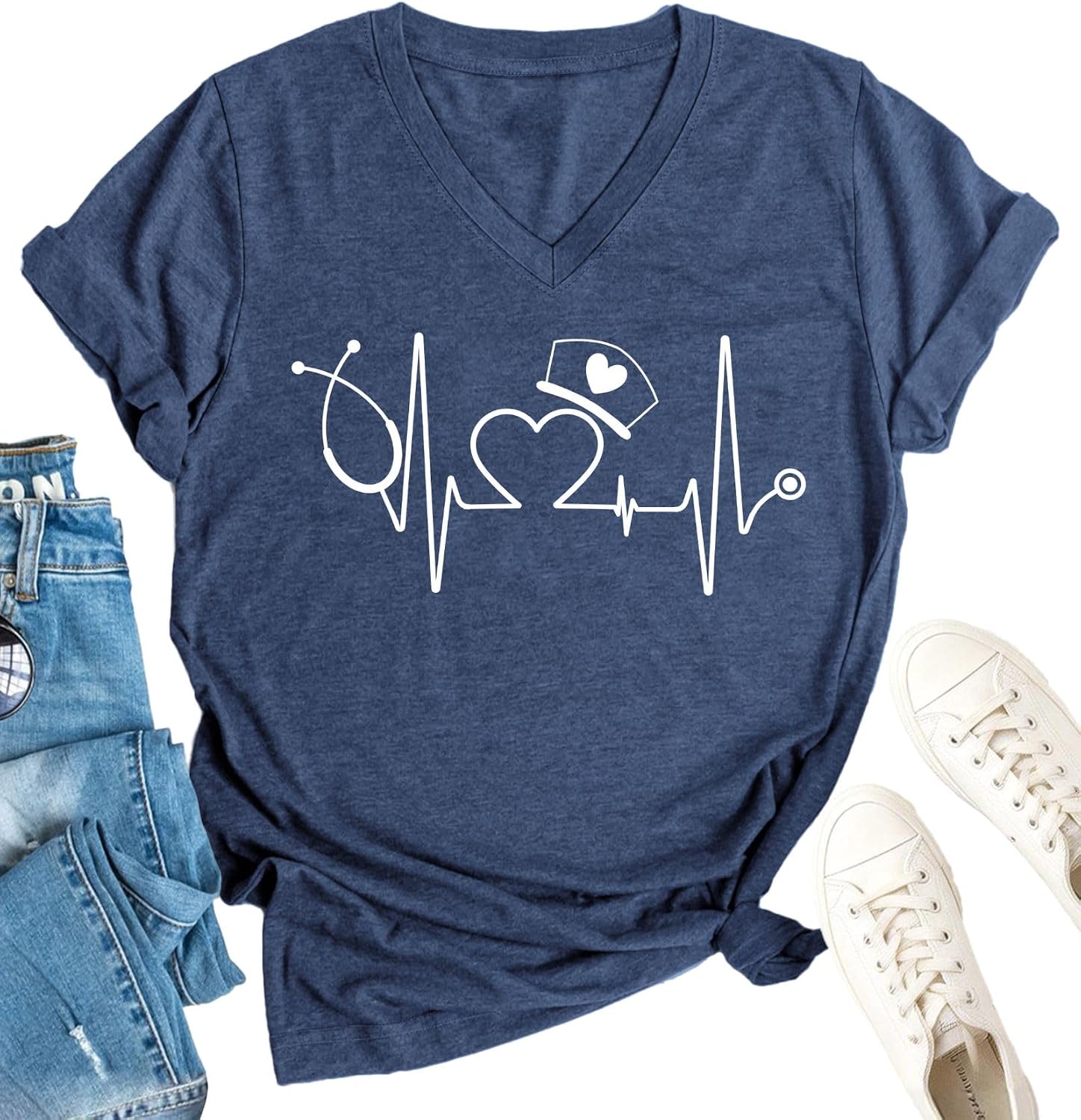 Nurse Shirt for Women Nurses Week Tees Heartbeat Print Vneck Tshirt Medical Tee for Nursing Students Nursing Life Tops