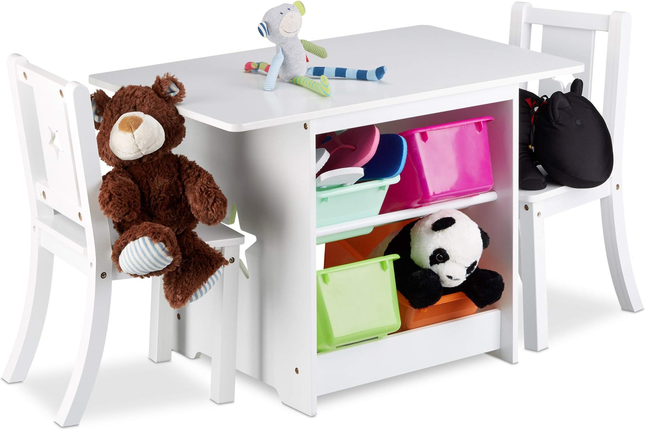 Produktbild von Kindertisch Mit 2 Stühlen Und Stauraum – 3-teilige Sitzgruppe In Weiß, Aus MDF & Fichte
