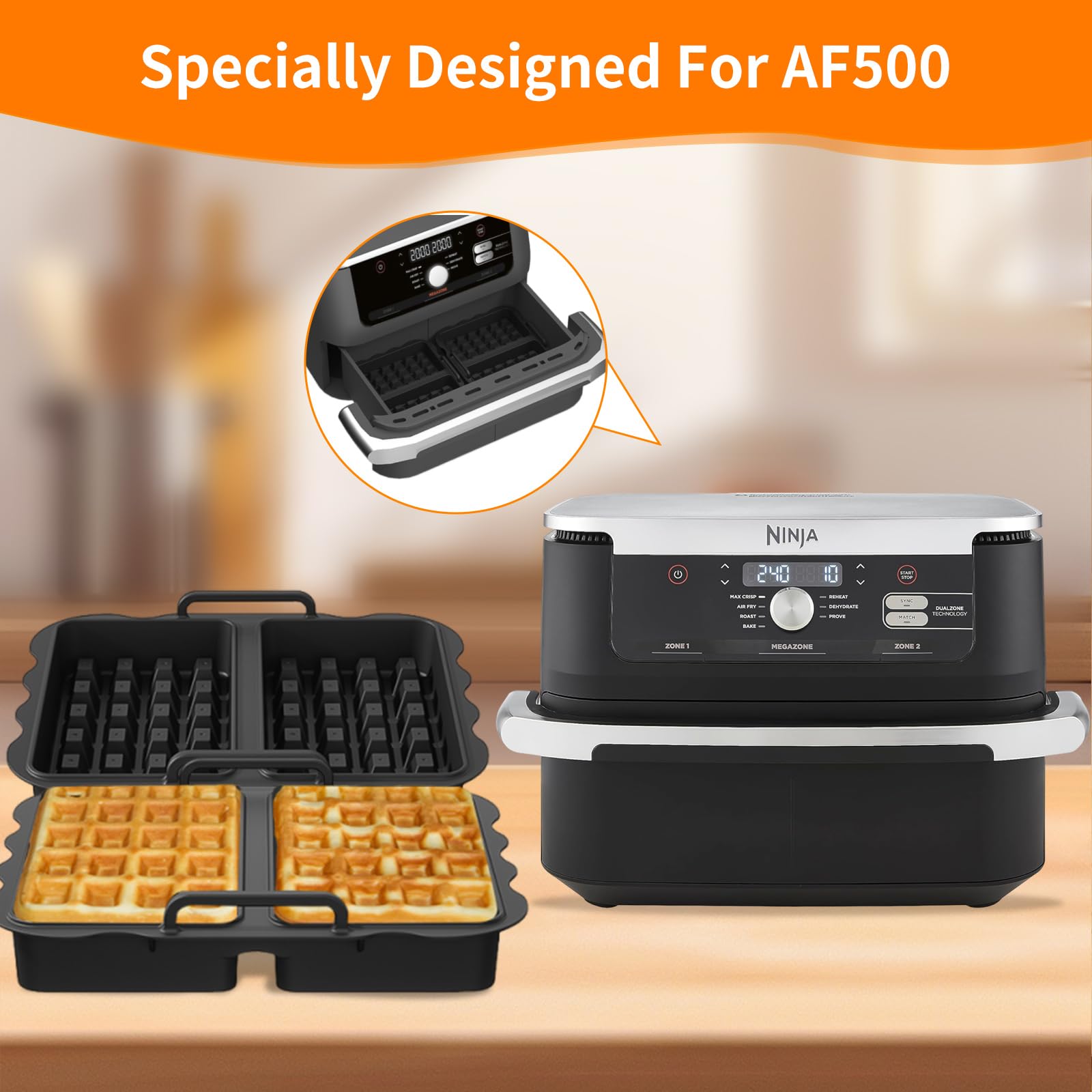 Air Fryer Waffle Maker Insert, Non-Stick Silicone Mould, Compatible with AF300EU, AF400EU, AF451EU, SL400EU, AF500DE, Easy Clean & Stackable, Durable & Reusable, 230°C Heat Resistant