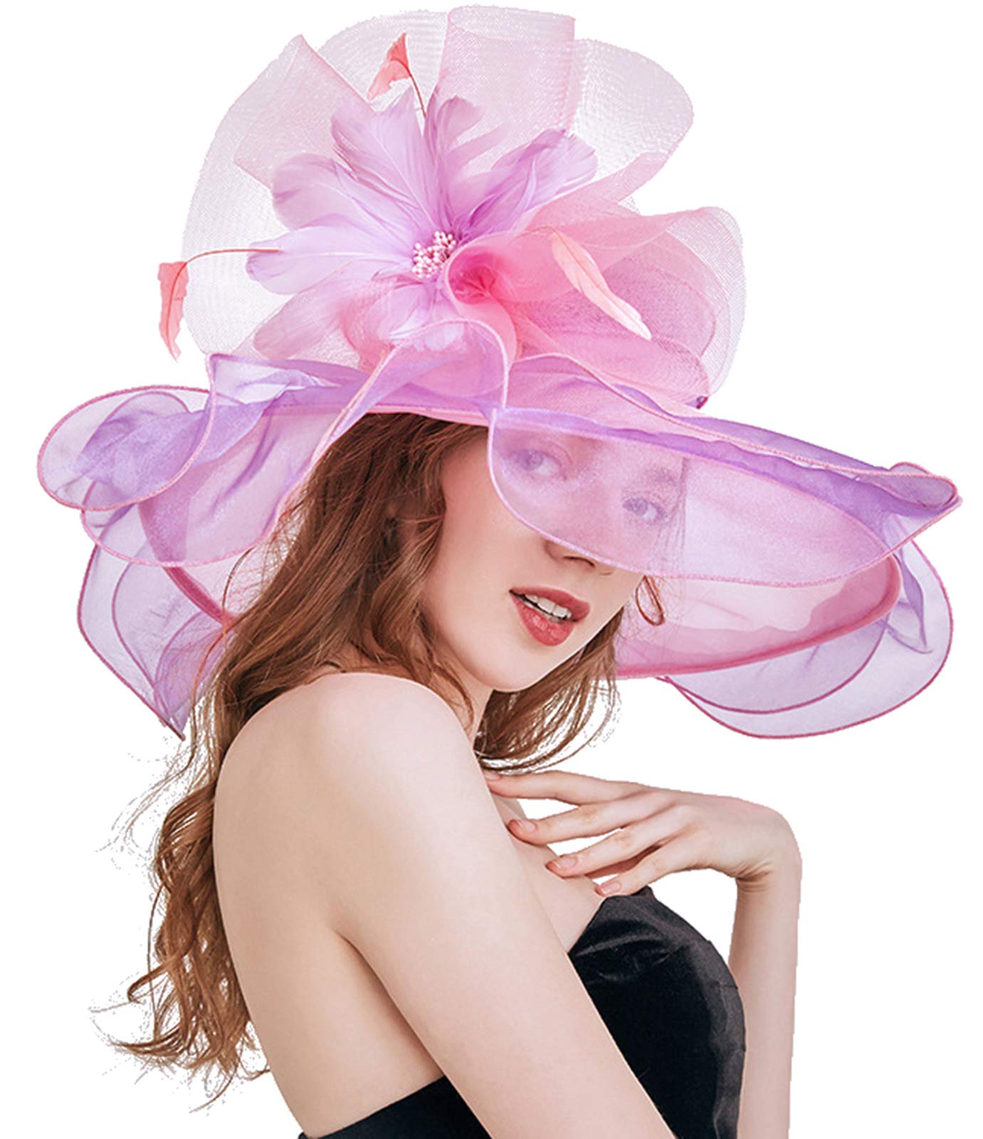 Z&XWomen Organza Church Derby Hat Wide Brim Sun Hats for Wedding Tea Party Fascinator Hat, Dual-use
