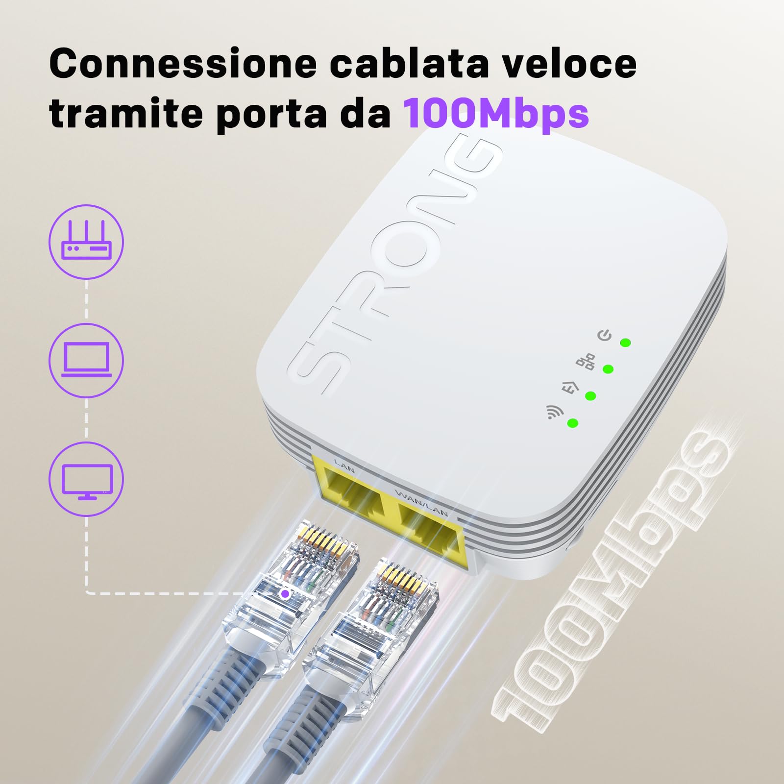 STRONG - Powerline Wifi 600 Duo Mini - 2 Adattatori 600 Mbps/Wifi 300 Mbps - Compatibile con Tutti i Modem/Router - Ethernet - Installazione rapida - Bianco