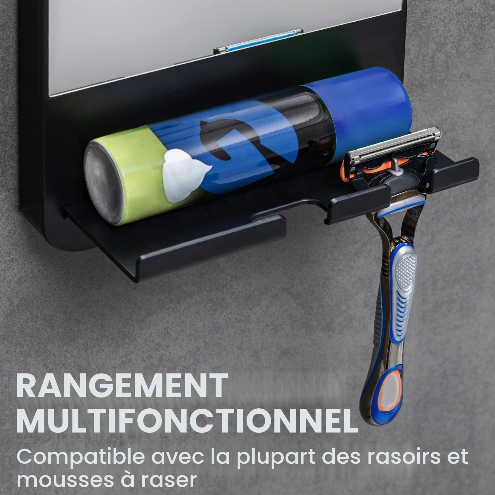 Miroir de Douche Antibuée sans Perçage avec Maintien du Rasoir, Noir