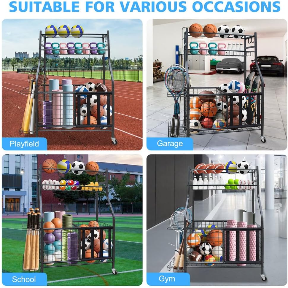 Garage Sports Equipment Organizer with Wheels, Large Capacity Rolling Ball Storage Rack, Baseball Bat Holder, Hooks, and Baskets for Indoor & Outdoor Use, Black