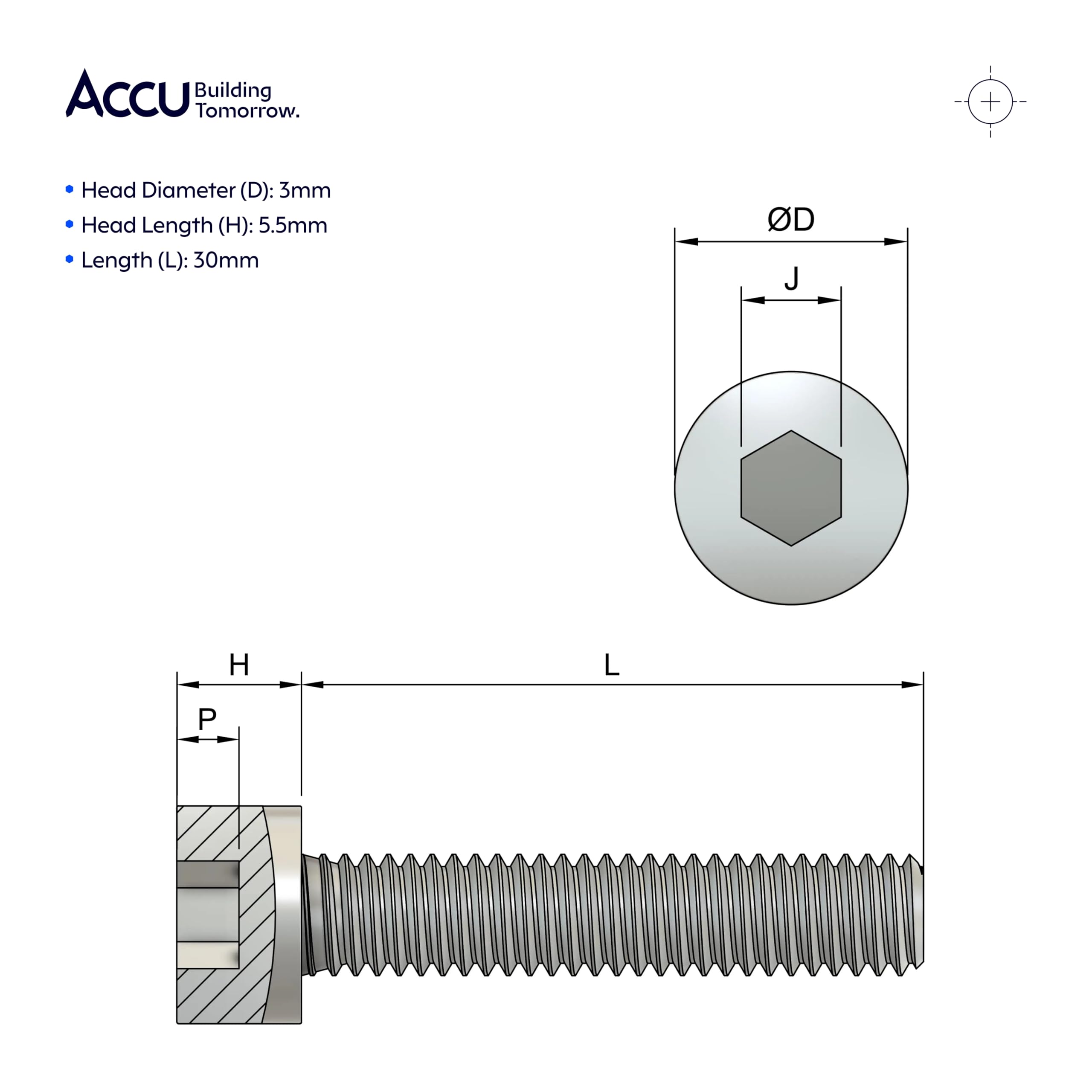 Accu - M3 x 30mm Cap Head Screws (DIN 912) - Stainless Steel (A2) (Pack of 50) - Image 4