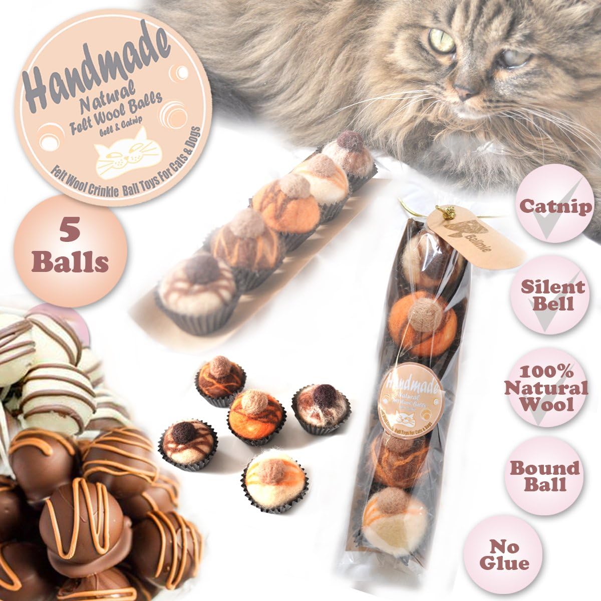 BALLMIE Cat Toys Ball Felt Wool Truffle Orange Chocolate Flavour, with bell & catnip (Orange Chocolate Truffles)