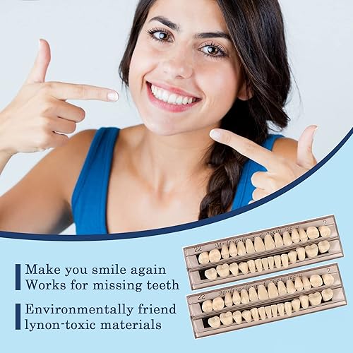 Miniatura 2 de 56 piezas de dientes falsos, 2 juegos de dientes enteros de polímero sintético, 22 tonos A2 superior + inferior materiales dentales para reemplazo,