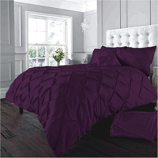 GC GAVENO CAVAILIA Pintuck Duvet Cover Sets, Pinch Pleat Bedding Quilt Covers, Polycotton Bed Covers Breathable Double Bed Set With Pillowcases Aubergine