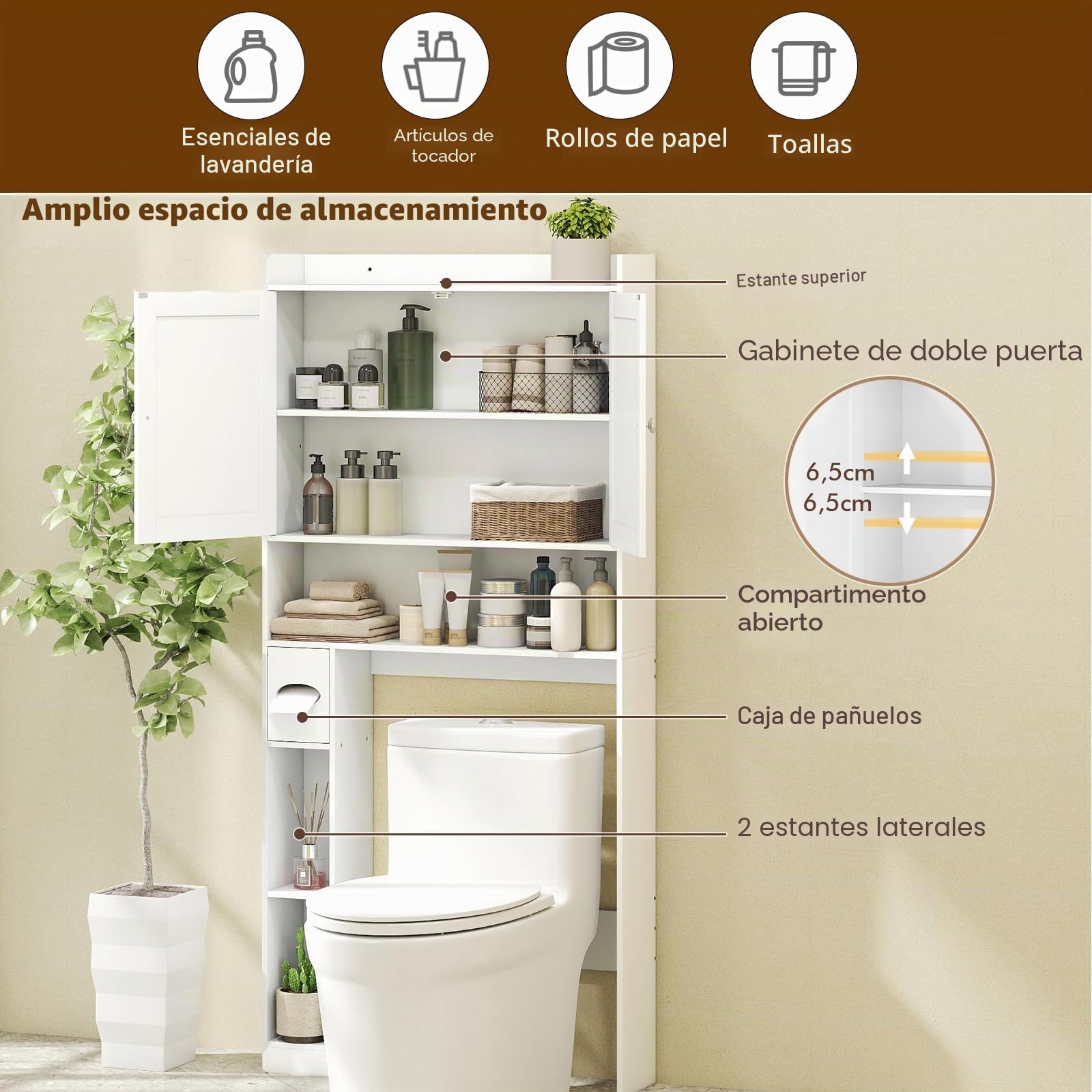 LIFEZEAL Estantería de baño para Ahorrar Espacio sobre Inodoro, Inodoro, Lavadora, Mueble con Barra Ajustable para adaptabilidad, Porta Papel higiénico, Puertas, estantes, Armario, Moderno (Blanco)