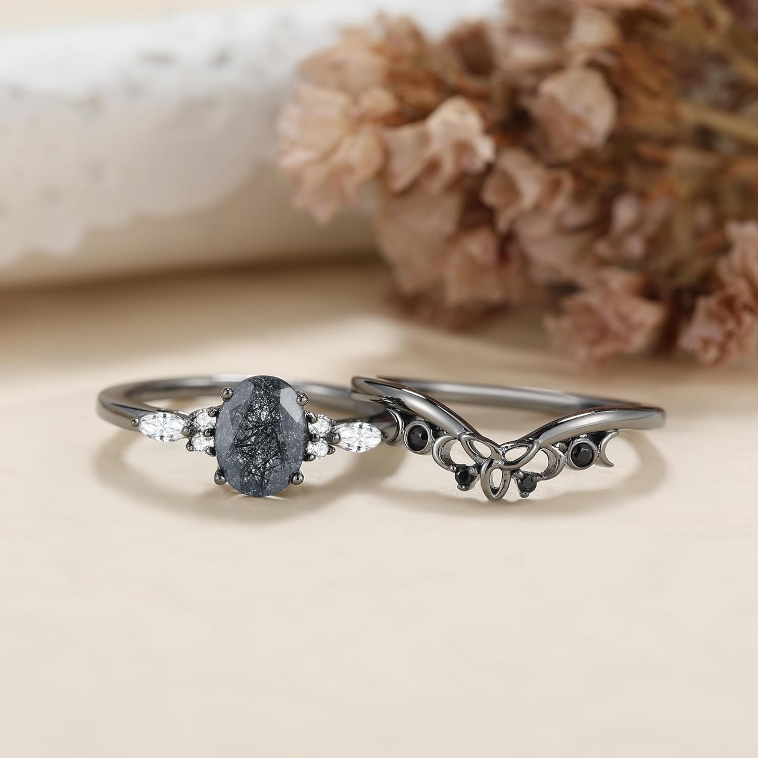 Oval Natural Black Rutilated Quartz Celtic Knot Bridal Wedding Ring Sets with Black Gold or Platinum Plated 925 Sterling Silver, Irish Gothic Engagement Rings and Spinel Trinity Annversary Band Size 4-9 - Image 4