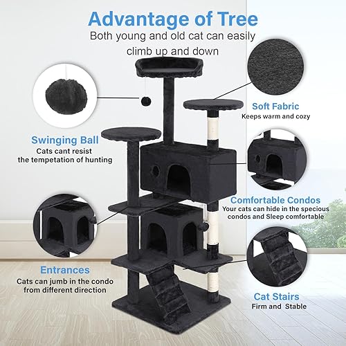 Miniatura 3 de FDW Torre de árbol para gatos de 54 pulgadas, gris oscuro, centro de actividades para interiores de varios niveles con postes rascadores de sisal,