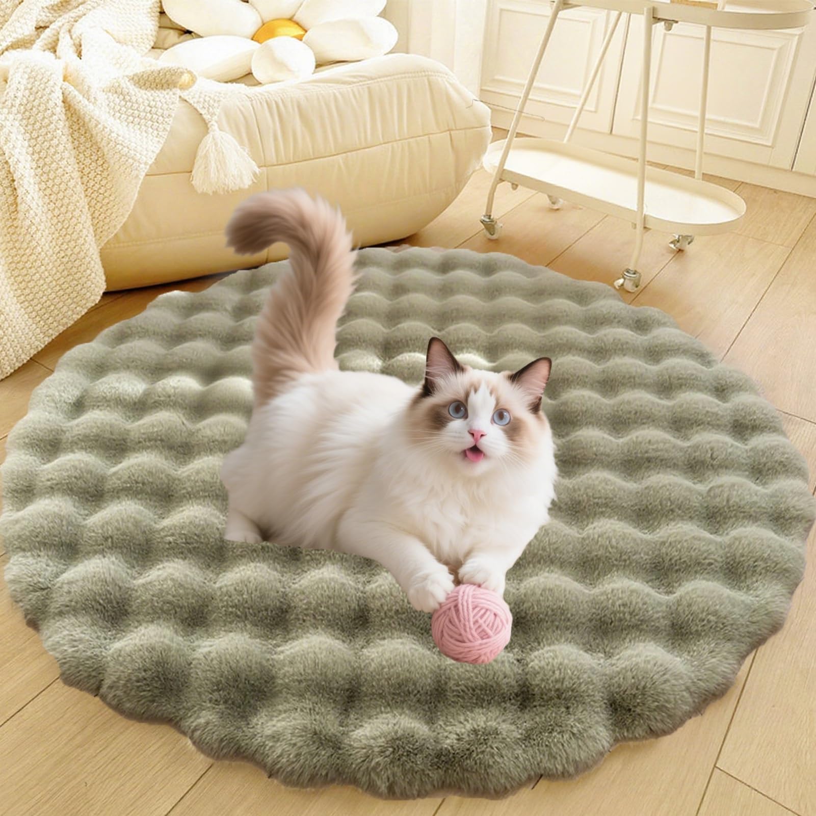 Divano per Cani E Gatti Con Fondo Antiscivolo, Tappeto Rotondo Lavabile, Moderno Letto A Pelo Lungo Da Posizionare Accanto Al Pavimento, Tappetino per Soggiorno(Green,47in)