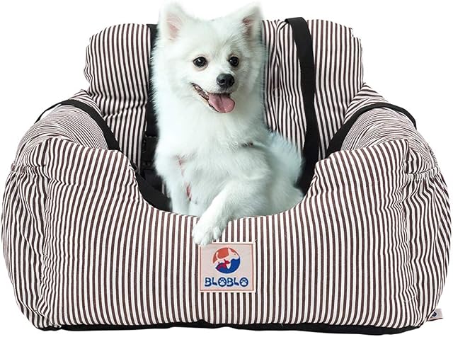 BLOBLO Dog Car Seat for Small and Medium Dogs,Puppy Booster Seat Dog Travel Car Bed with Storage Pocket and Clip-on Safety Leash,Safe and Comfortable Travel,Removable Washable Cover (Coffee Stripe)