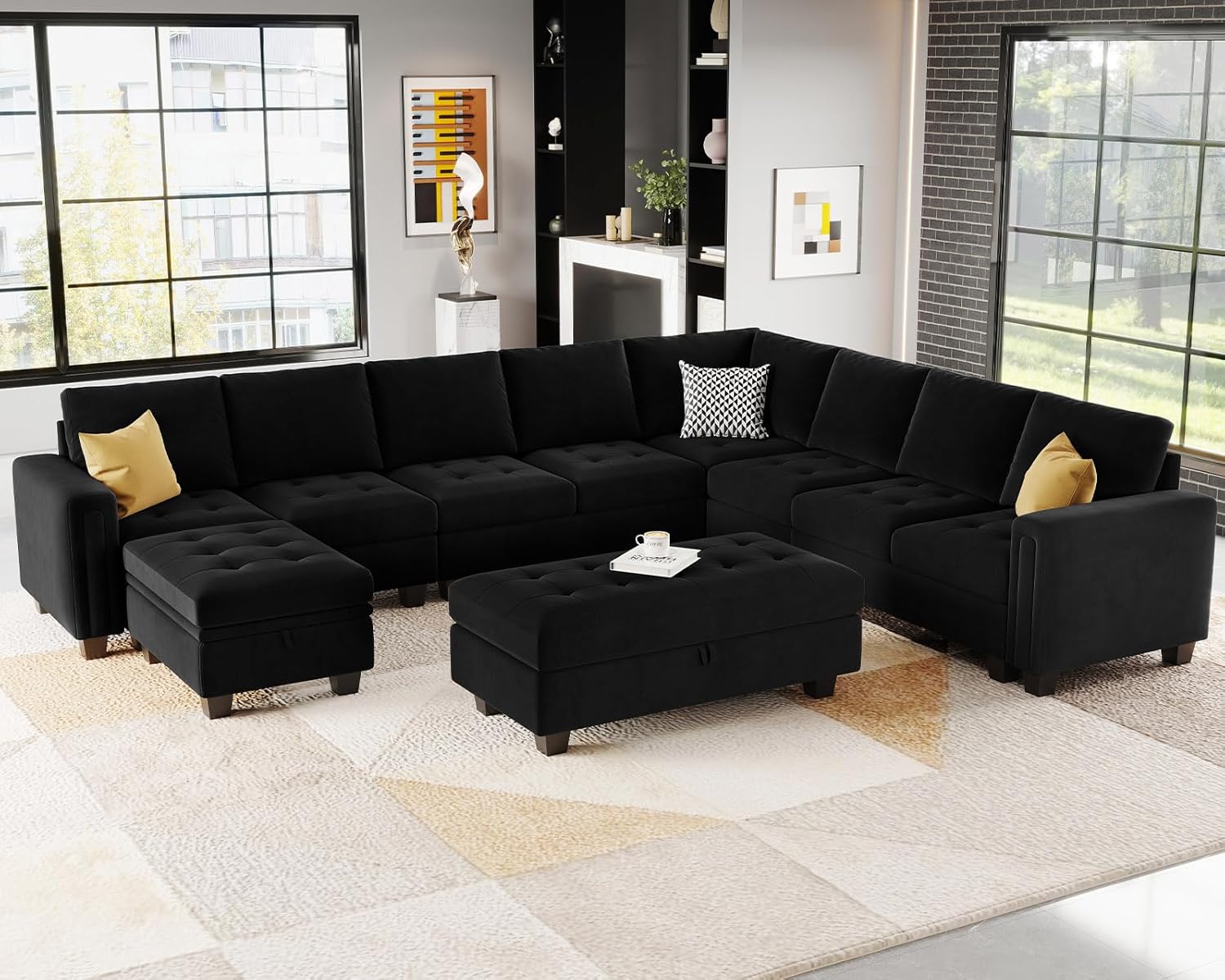 Belffin Velvet Modular Sectional Sofa Set L Shaped Sectioal Sofa Couch with Reversible Chaise Oversized Convertible Corner Sectional Sofa Couch with Storage Ottoman Black