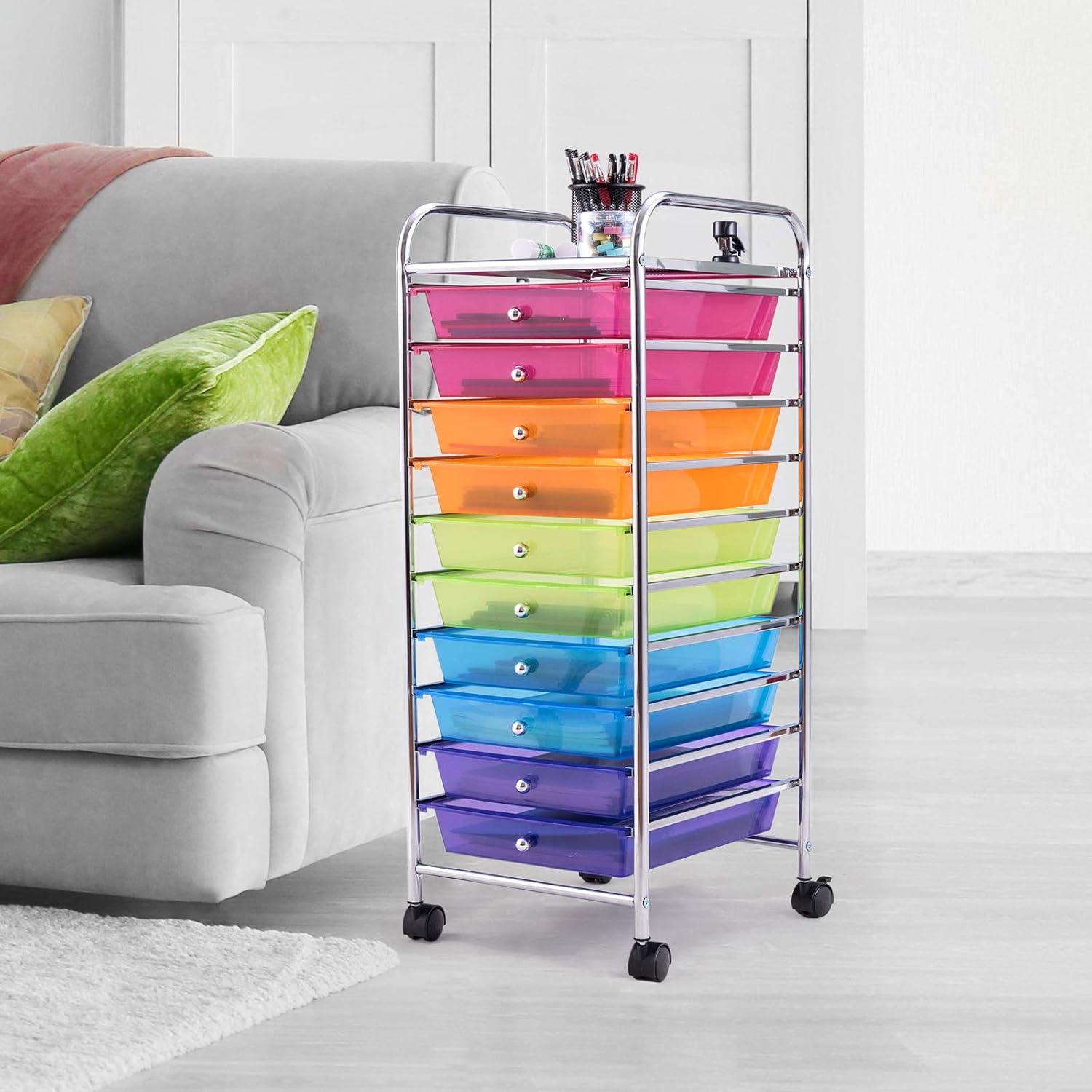 Happygrill 10-Drawer Storage Cart, Utility Cart with Removable Drawers & Metal Frame, Rolling Storage Cart with Lockable Wheels for Home, Office, Rainbow