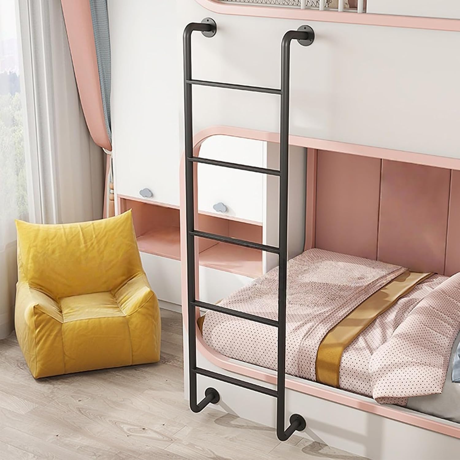 Wall Mounted Metal Bunk Bed Ladder, 160cm/62.9in Height, Step Ladder for Home Loft, Easy Install, for Dorm Library Basement Window(Black)