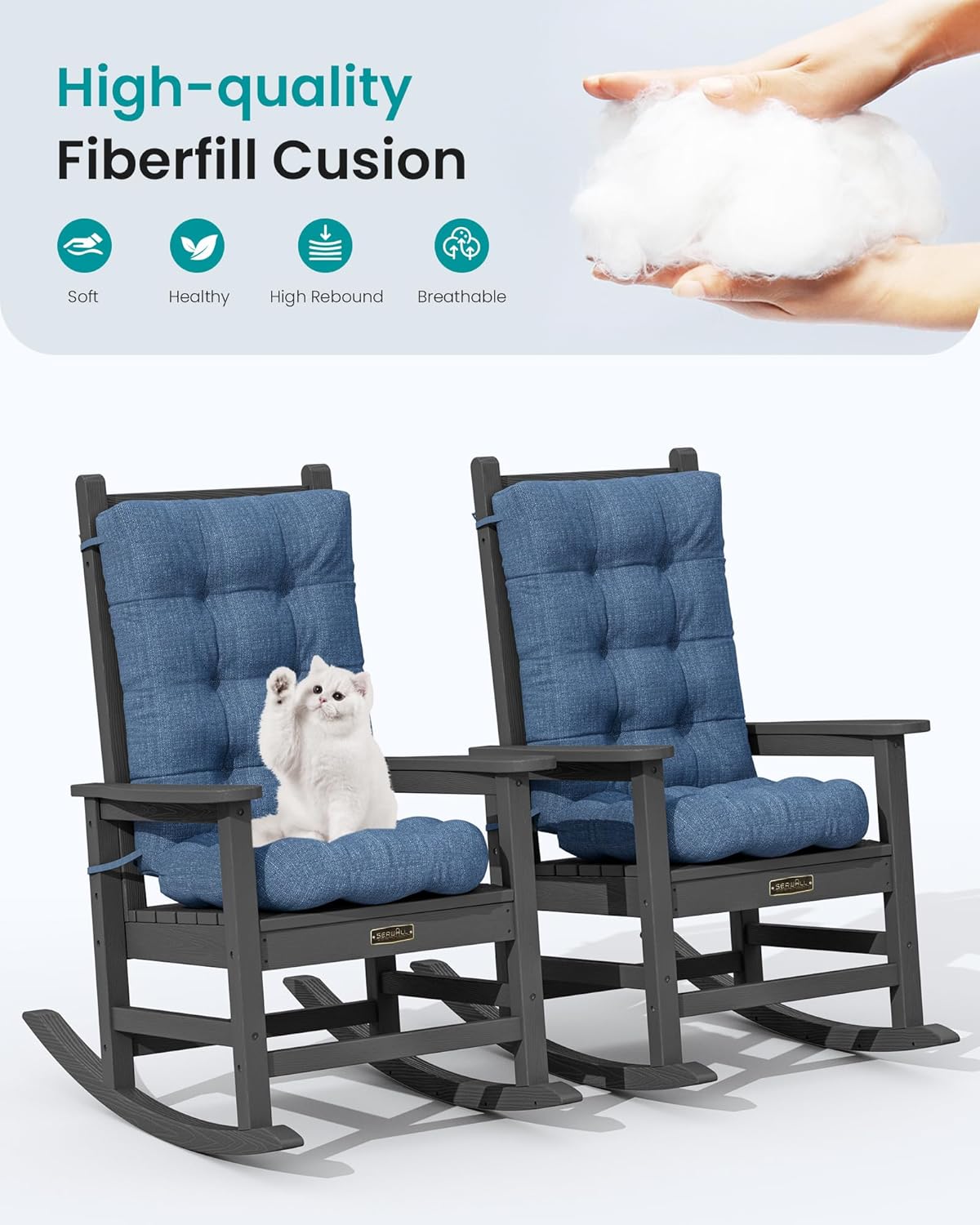 SERWALL HDPE Outdoor Rocking Cushion Set of 2, Memory Foam Cushion Navy