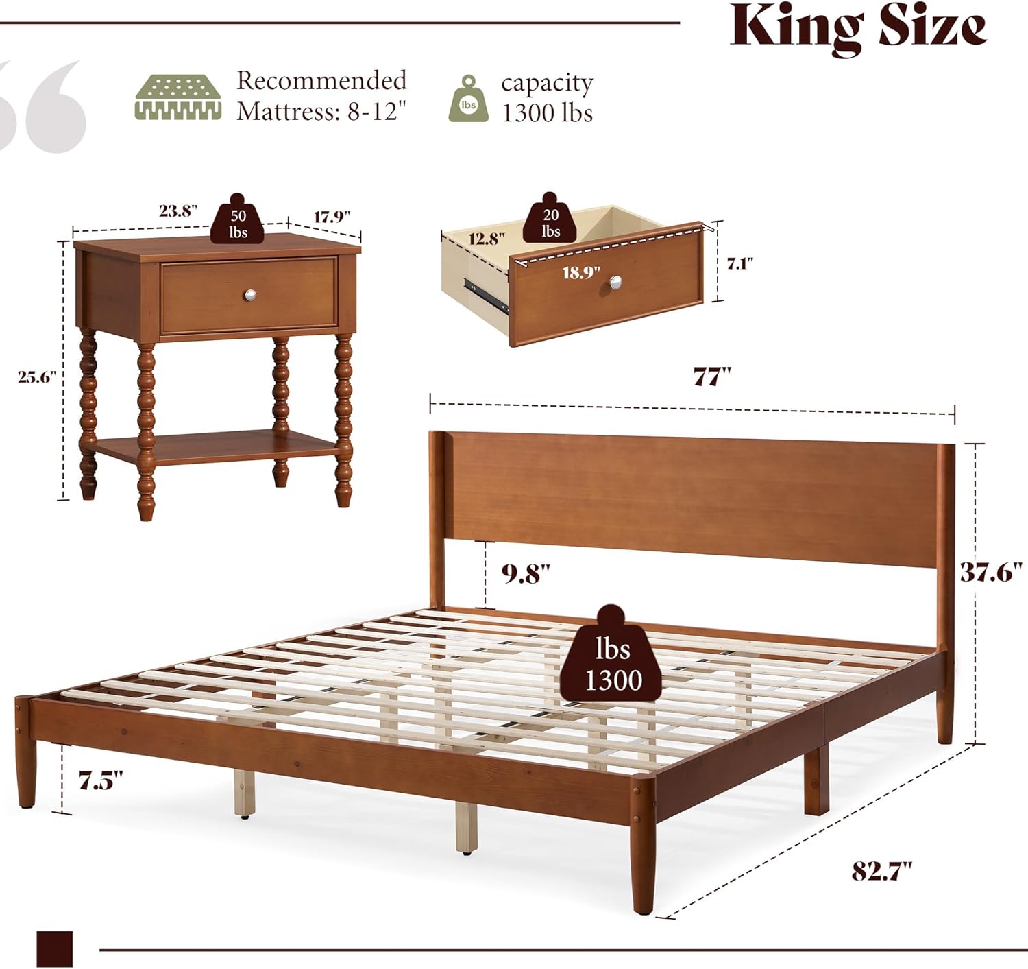 AMERLIFE 3 Piece Bedroom Set Includes Solid Wood King Platform Bed Frame with Headboard and 2 Nightstands with Spindle-Turned Legs, Mid Century Modern Bedroom Furniture, Brown Walnut