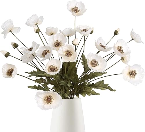 IPOPU Flores Artificiales de Amapola Blancas 6pcs Amapolas Flores Artificiales Blancas con Tallos Arreglos de Flores de Seda para Centros de Mesa de