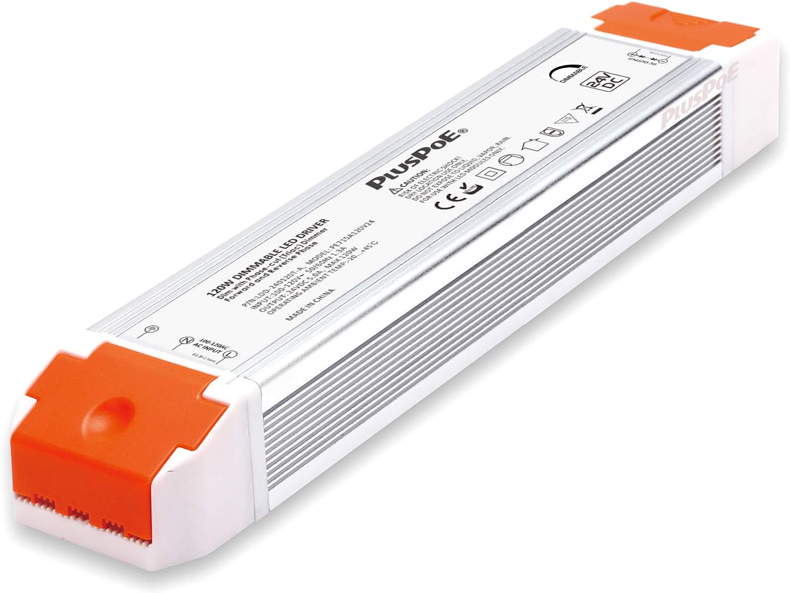 PLUSPOE 24V 120W Dimmable LED Driver, 110V AC to 24V DC Low Voltage Power Supply Transformer for LED Strip Lights, Compatible with Lutron, Leviton and Other Wall Dimmers, 5A Current Rating