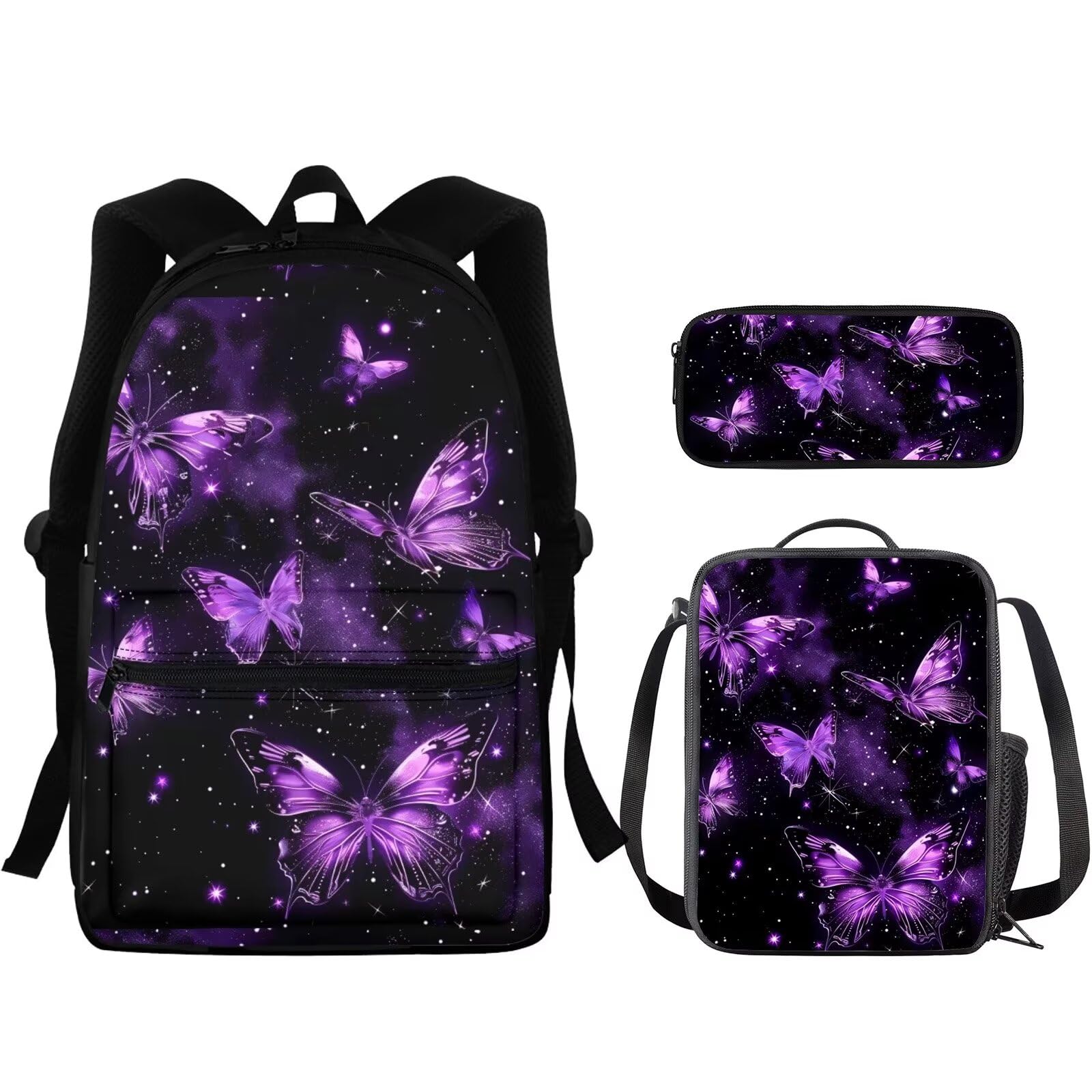 Noteligou Purple Butterflies Kids Backpack for Teen Girls 3 In 1 Backpack Set with Lunch Bag and Pencil Case for Primary School Cute Backpacks for