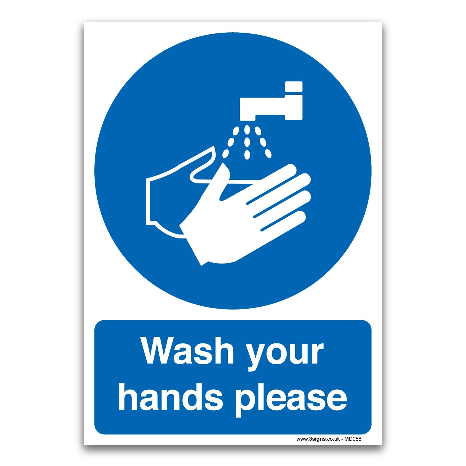 Stika.co Blue Wash Your Hands Please Sign, Mandatory Kitchen And Washroom Safety Sign, Bs En Iso 7010 Compliant, 1Mm Rigid Pvc Plastic, A5 210X148mm, Landscape