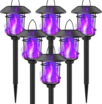 Dynaming Halloween Solar Flame Pathway Lights, 6 Pack Flickering Purple Flame Torch Lights, Solar Powered Auto On/Off Haunted House Decoration Lights, Landscape Lighting for Lawn Patio Yard Sidewalk