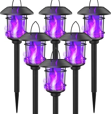 Dynaming Dynaming 6 Pack Solar Flame Torch Lights Outdoor, Dual Use Flickering Purple Flame Garden Light, Hanging Lantern, Auto On/Off & Waterproof Halloween Lighting for Lawn Patio Yard Walkway Driveway