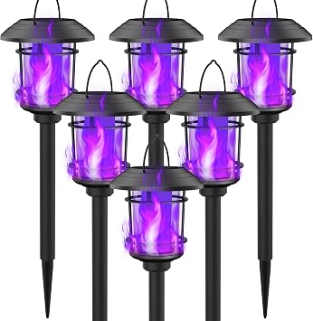 Dynaming 6 Pack Solar Flame Torch Lights Outdoor, Dual Use Flickering Purple Flame Garden Light, Hanging Lantern, Auto On/Off & Waterproof Halloween Lighting for Lawn Patio Yard Walkway Driveway