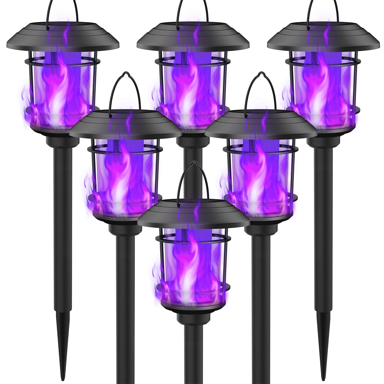 Dynaming 6 Pack Solar Flame Torch Lights Outdoor, Dual Use Flickering Purple Flame Garden Light, Hanging Lantern, Auto On/Off & Waterproof Halloween Lighting for Lawn Patio Yard Walkway Driveway
