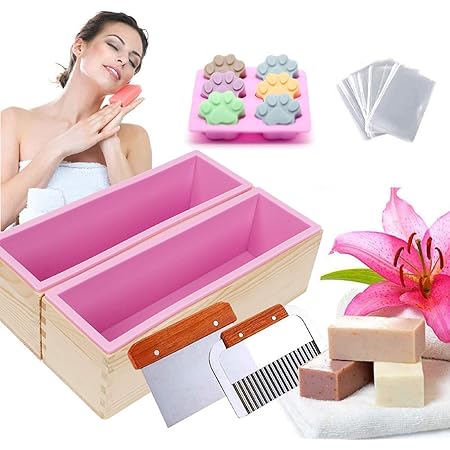 YTOPRO DIY Seifen Silikonform Set, rechteckige Silikon Seife Form mit Holzkasten, 1 Geradschneider, 1 Wellenschneider, Katzenpfotenform und 100 pcs Schrumpffolie