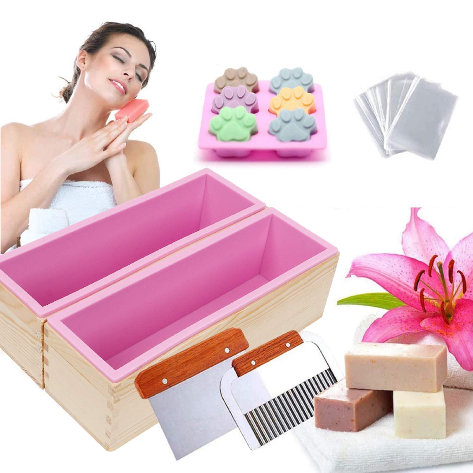 DIY Soap Mould and Cutter Set, 2 Silicone Soap Making Mold with Wooden Box, Straight Cutter, Wave Cutter, Cat Paw Shape and 100 Pcs Shrink Film