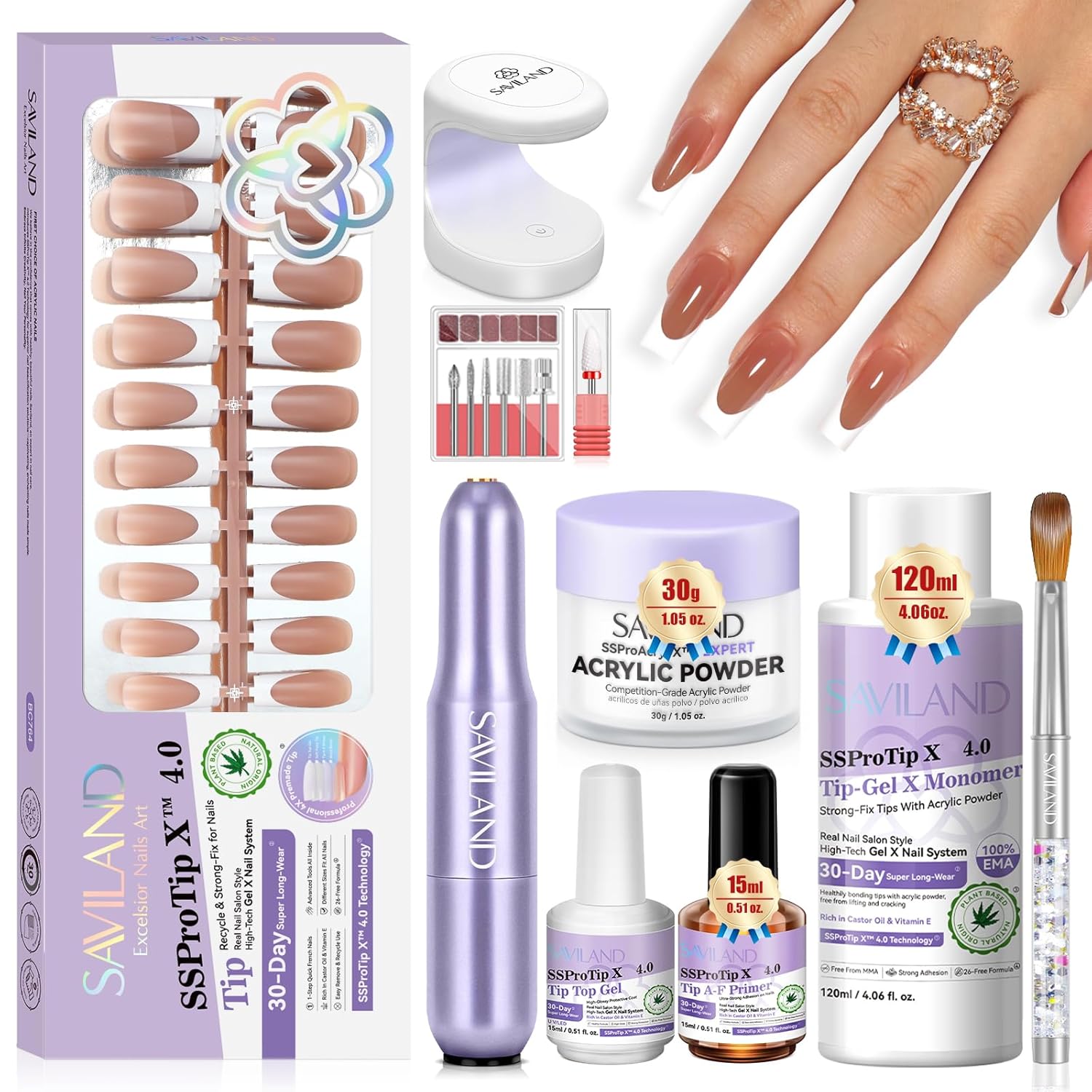 SAVILAND Acrylic Nail Kit with Everything: Acrylic Nail Powder and Liquid and Nail Drill Kit U V Light Press On Nails Professional Manicure Tools DIY at Home Practice Set Gift Christmas