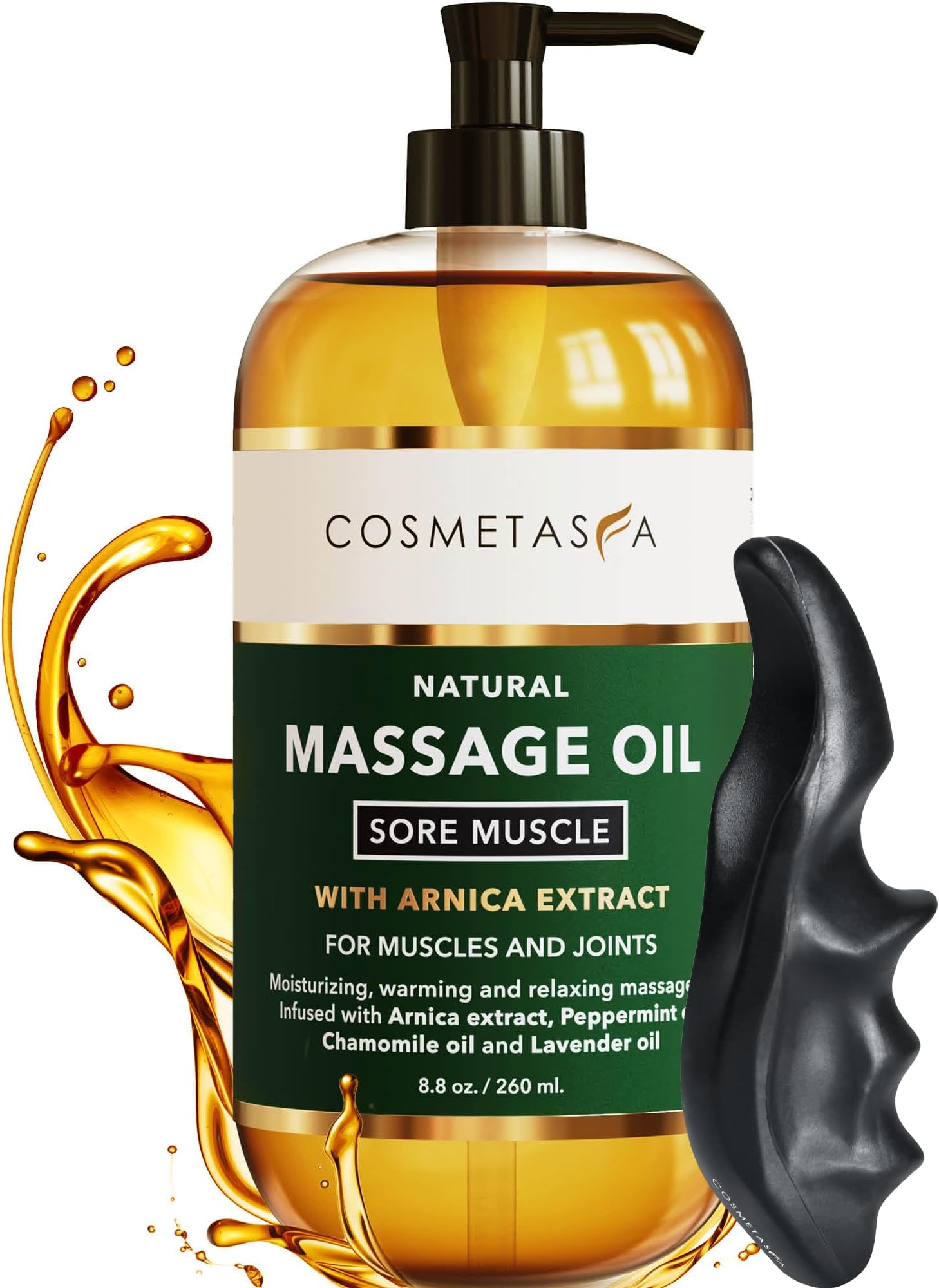 Cosmetasa Sore Muscle Massage Oil with Deep Tissue Massager - Thumb Saver and Oil Soothes Muscle and Joint with Arnica Extract, Peppermint, Chamomile, and Lavender Oil 8.8 Fl Oz