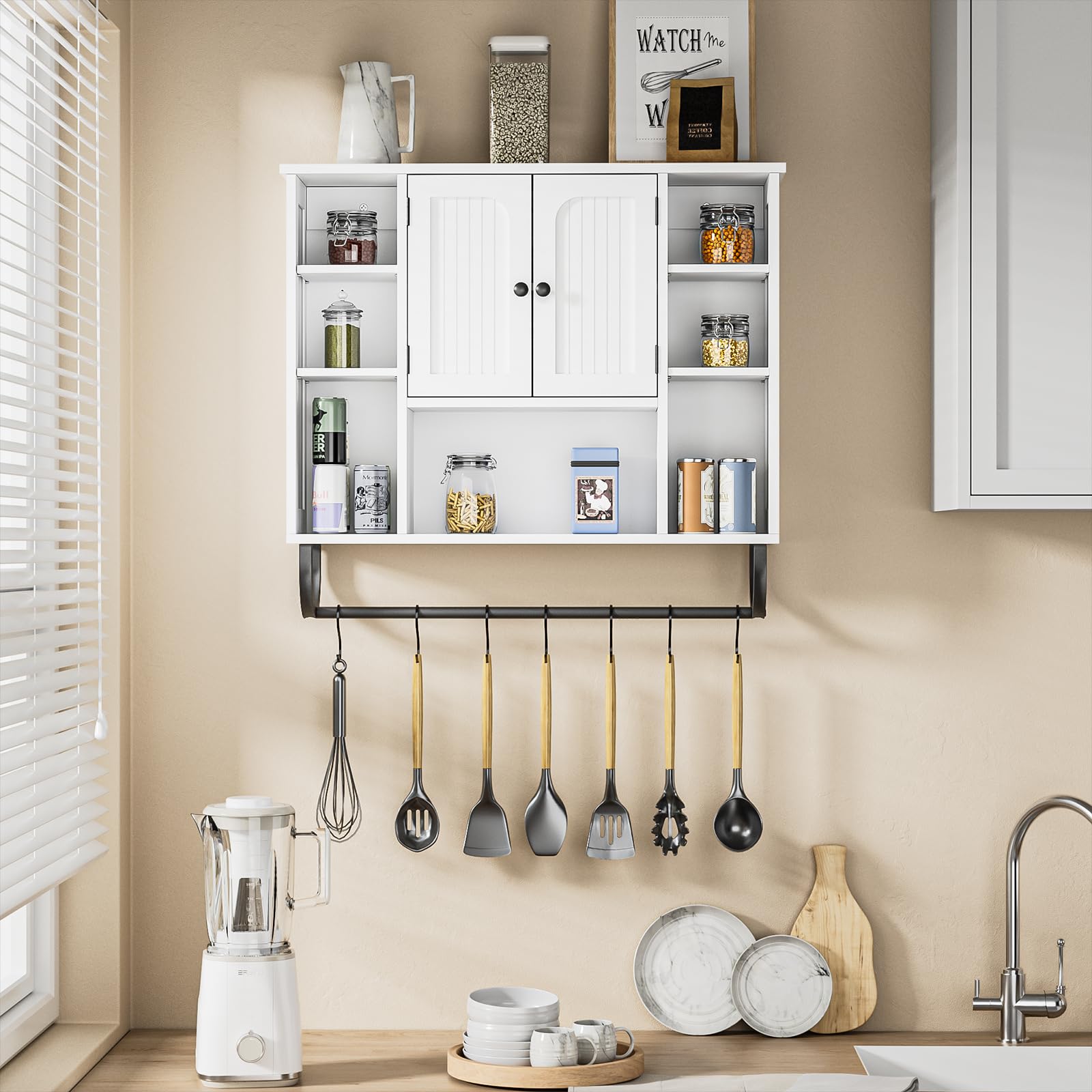 Badezimmerschrank hängend, Weißer Medizinschrank mit 2 Türen, Offener Raum und Verstellbare Regale, platzsparender Hängeschrank für Badezimmer, Küche und Wohnzimmer, 19D x 80W x 72H cm