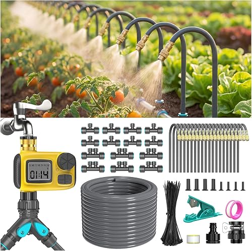 CyberOrd 98FT Drip Irrigation System Kit with Smart Water Timer for Garden, 360° Adjustable Emitters, 20 Nozzles & 1/2'' Hose, Automatic Watering for Agriculture Irrigation, Yard, Lawn & Greenhouse - 1