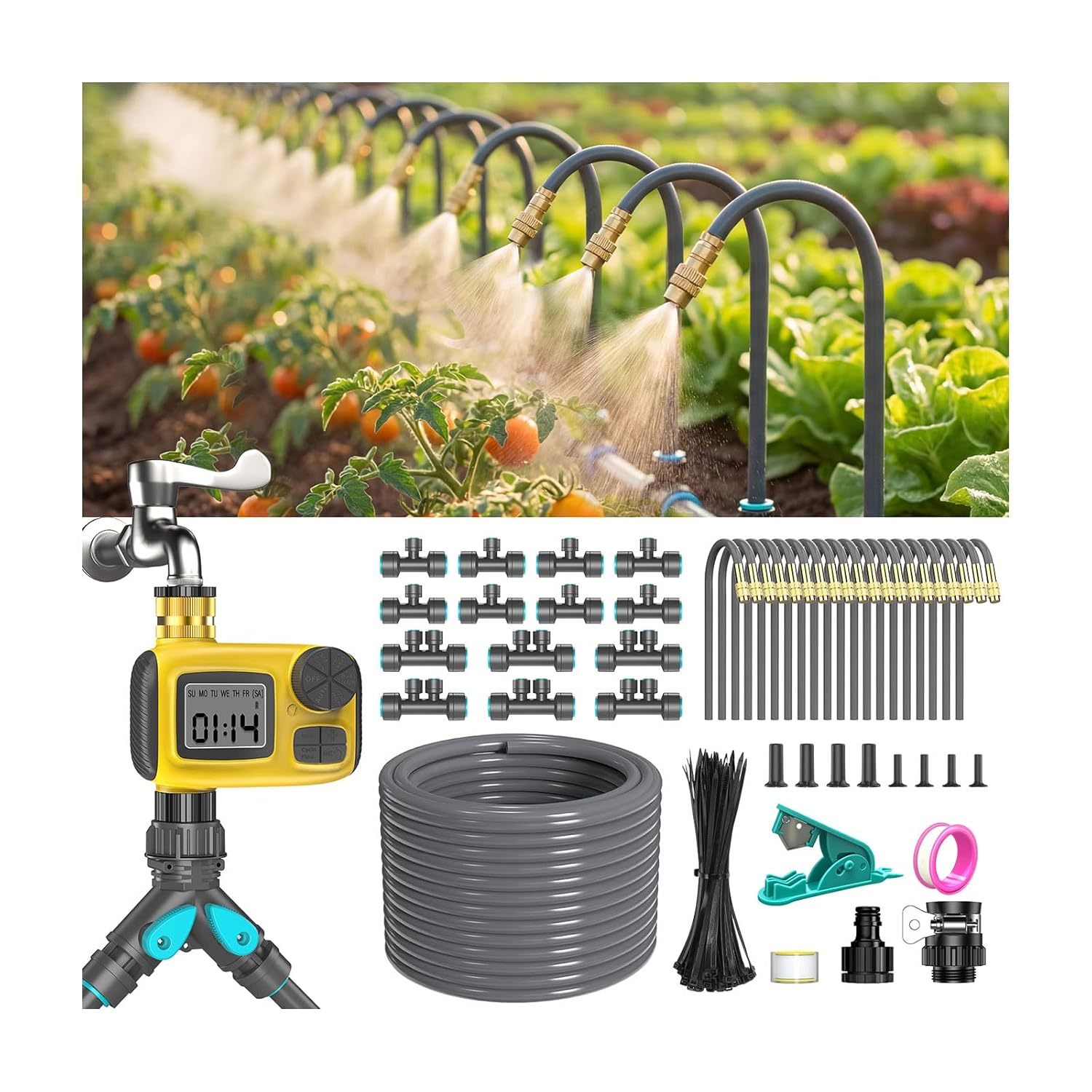 360°Adjustable Drip Irrigation System Kit with Hose Timer - 98FT 1/2" Garden Watering System with 20 Copper Nozzles, Greenhouse Accessories, Irrigation System for Garden,Yard, Lawn, Plant