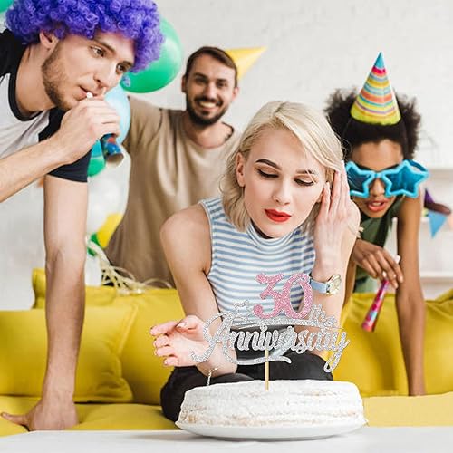 Miniatura 5 de INNORU Decoración para tartas de 30 aniversario, 30 cumpleaños, feliz 30 aniversario de boda, decoración de fiesta de aniversario de boda, purpurina