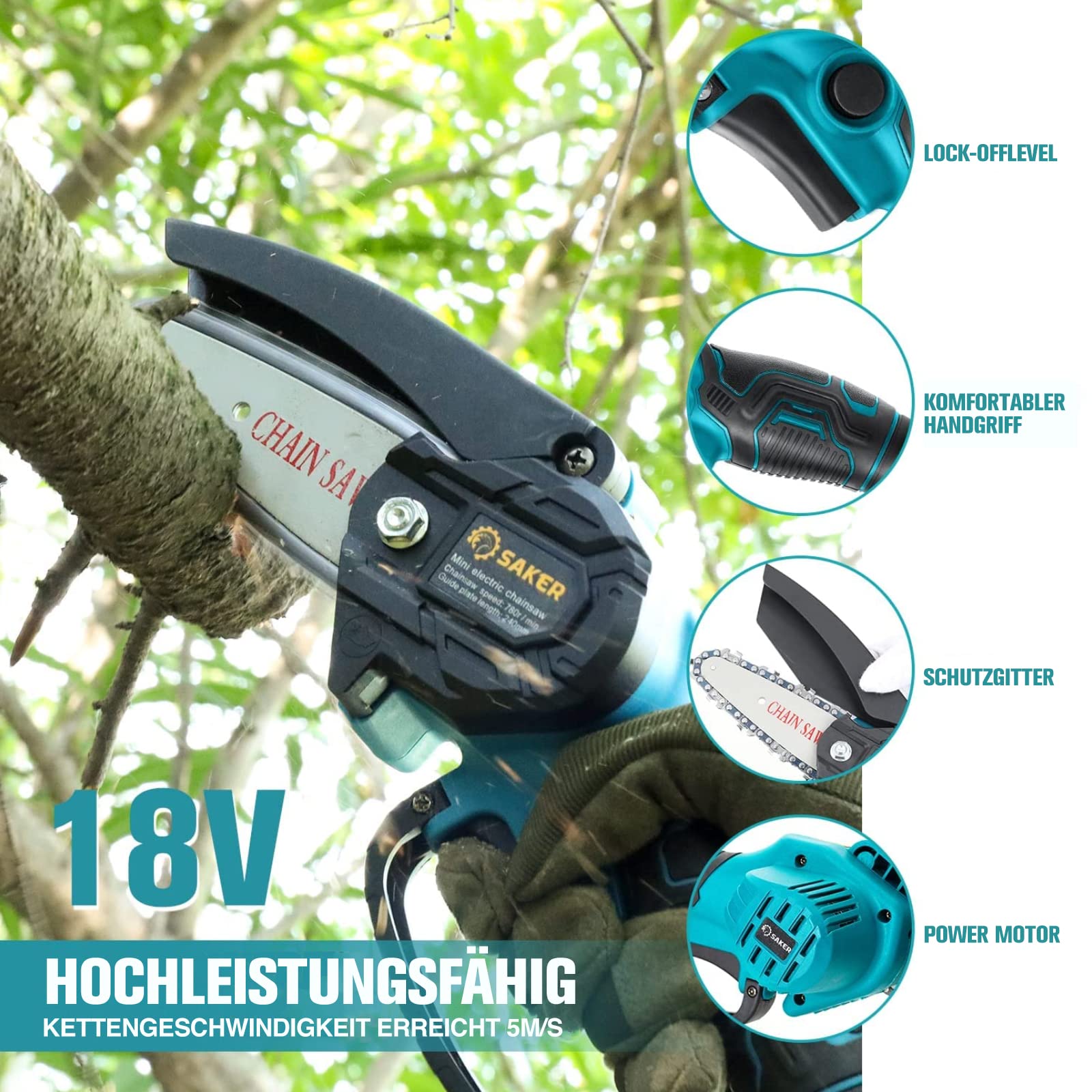 Saker Mini tronçonneuse avec batterie 4 pouces, tronçonneuse électrique sans fil avec 1 chaîne et 1 batterie, 10 cm avec bouton de sécurité tronçonneuse à une main batterie