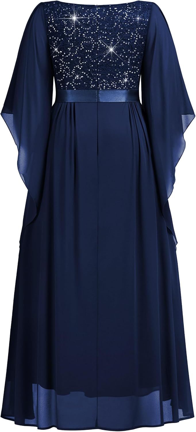 MISSMAY Women's Plus Size Deep V Neck Sequins Lace with Cape Cloak Sleeves Formal Evening Wedding Maxi Dress - Image 6