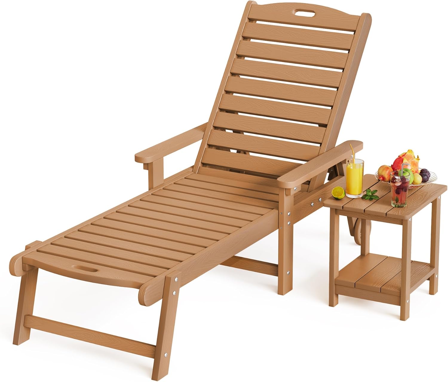 LUE BONA HDPS Chaise Lounge Chair with Table, 2-Piece, Outdoor Pool Lounge Chairs with Adjustable Backrest, Resin Patio Lounge Chairs with Wheels for Outside, Teak Color
